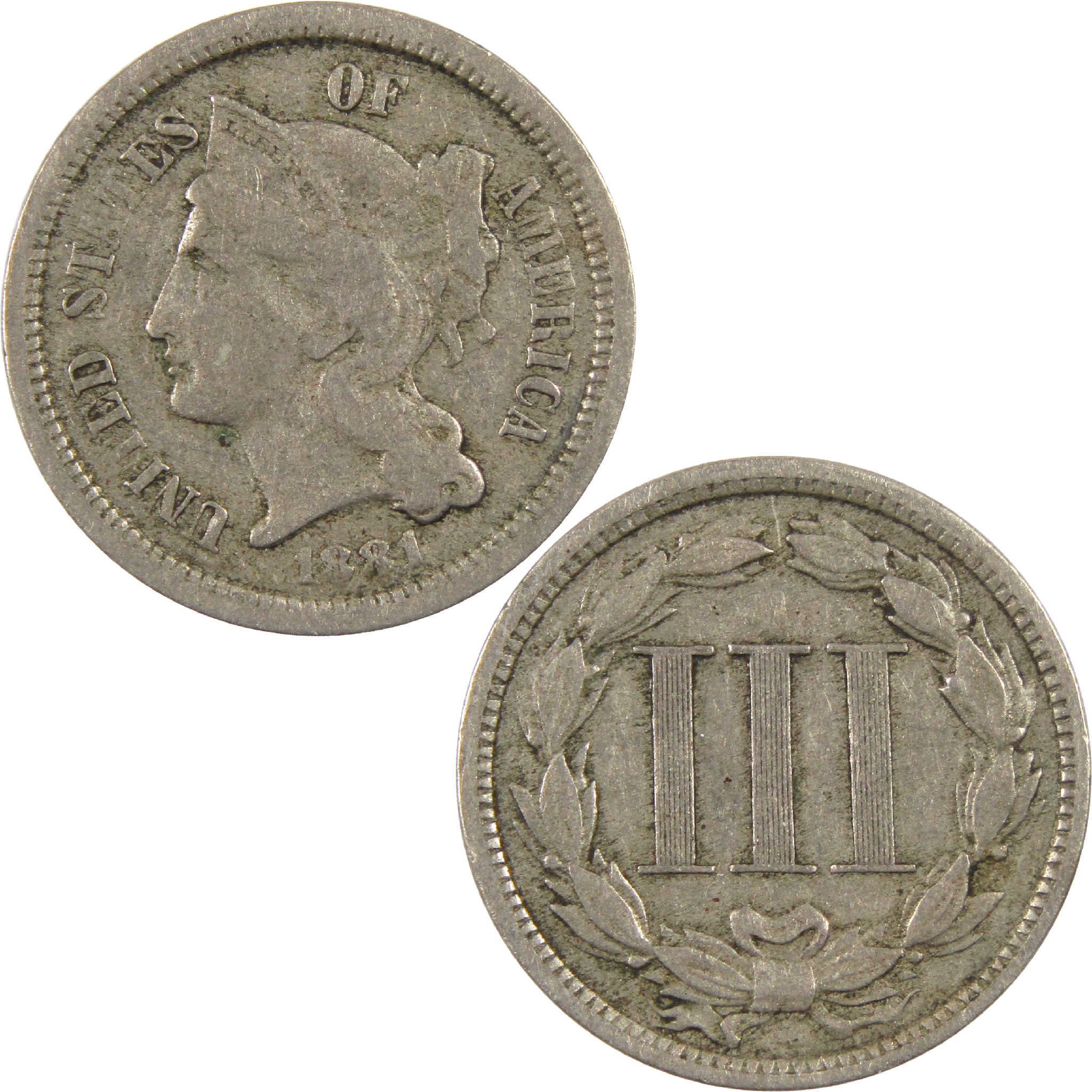 1881 Nickel Three Cent Piece F Fine 3c Coin SKU:I11469
