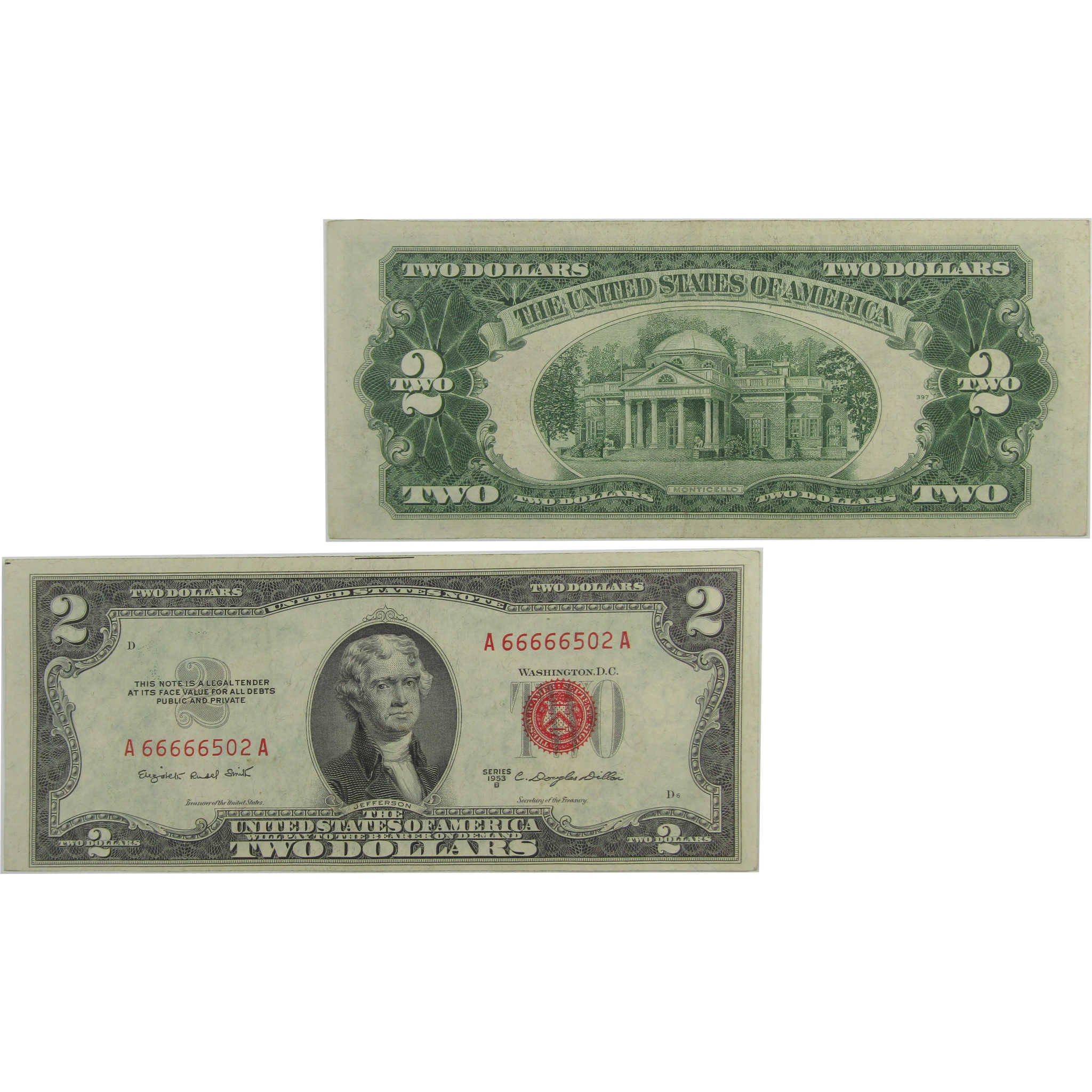 1953 B $2 Legal Tender Note Very Fine Serial Block Starts w/ Five 6's
