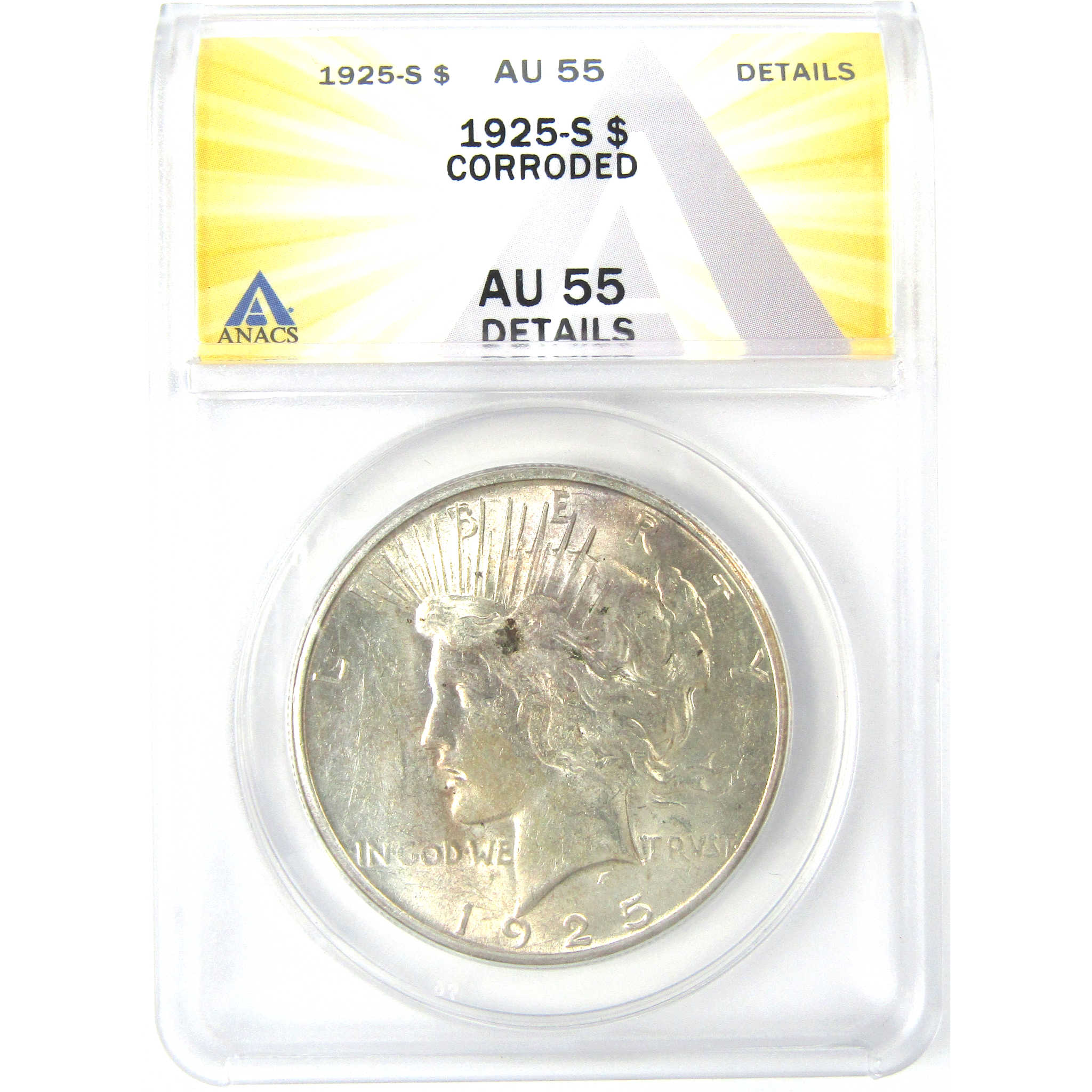 1925 S Peace Dollar AU 55 Details ANACS Silver $1 Coin SKU:I16242