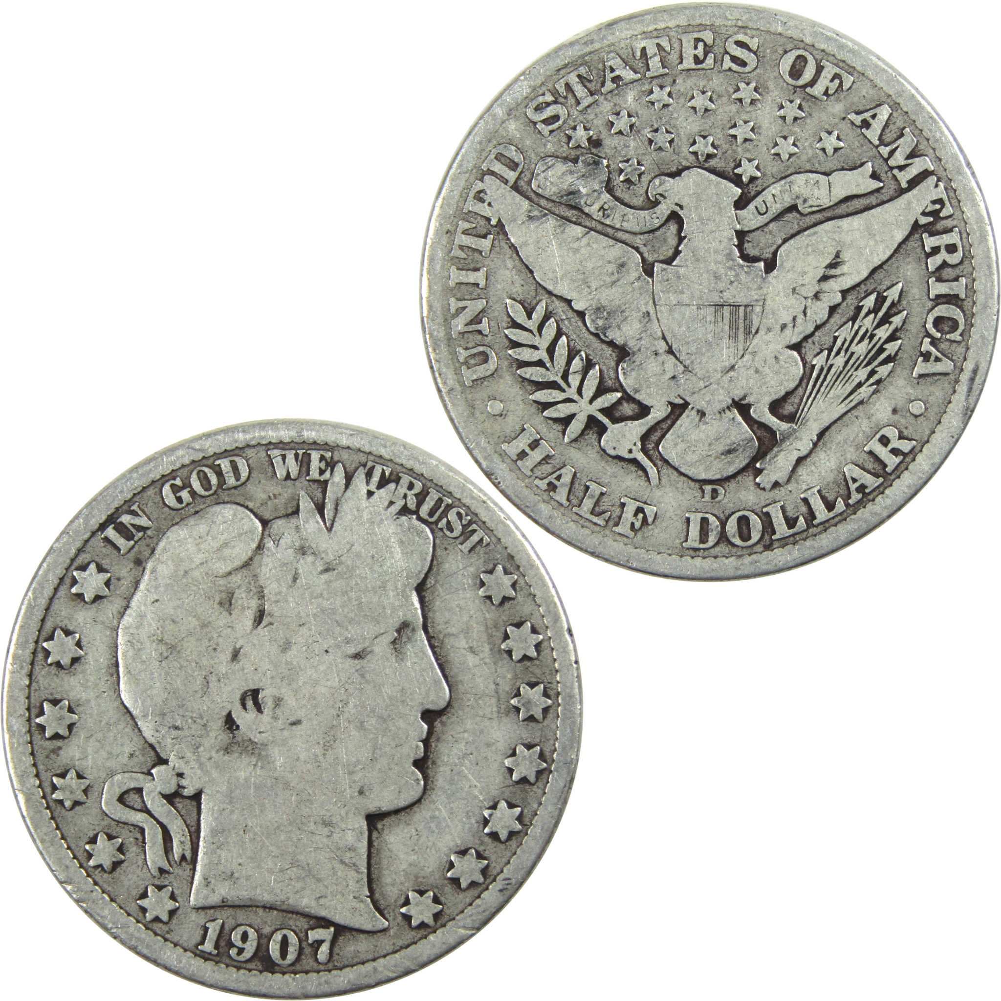 1907 D Barber Half Dollar G Good Silver 50c Coin SKU:I13299
