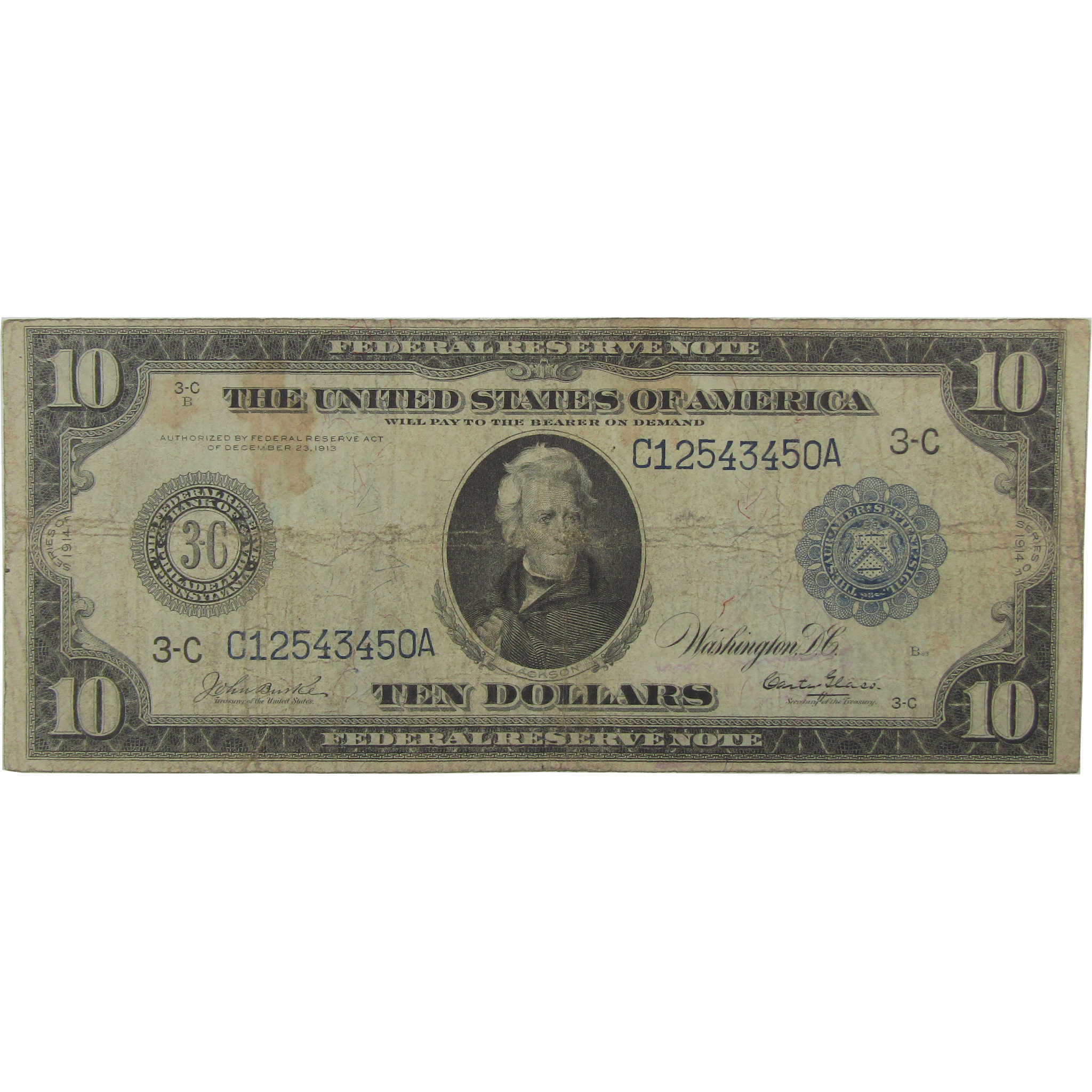 1914 $10 Federal Reserve Note Fr 913 Philadelphia PA VG Very Good