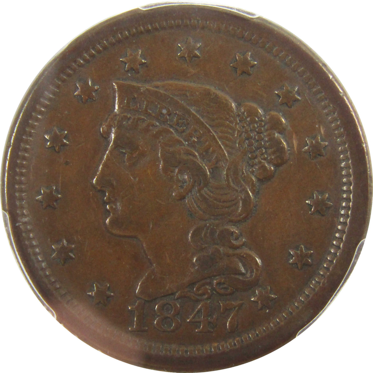 1847 Braided Hair Large Cent Repunched Date VF Details PCGS SKU:I29344