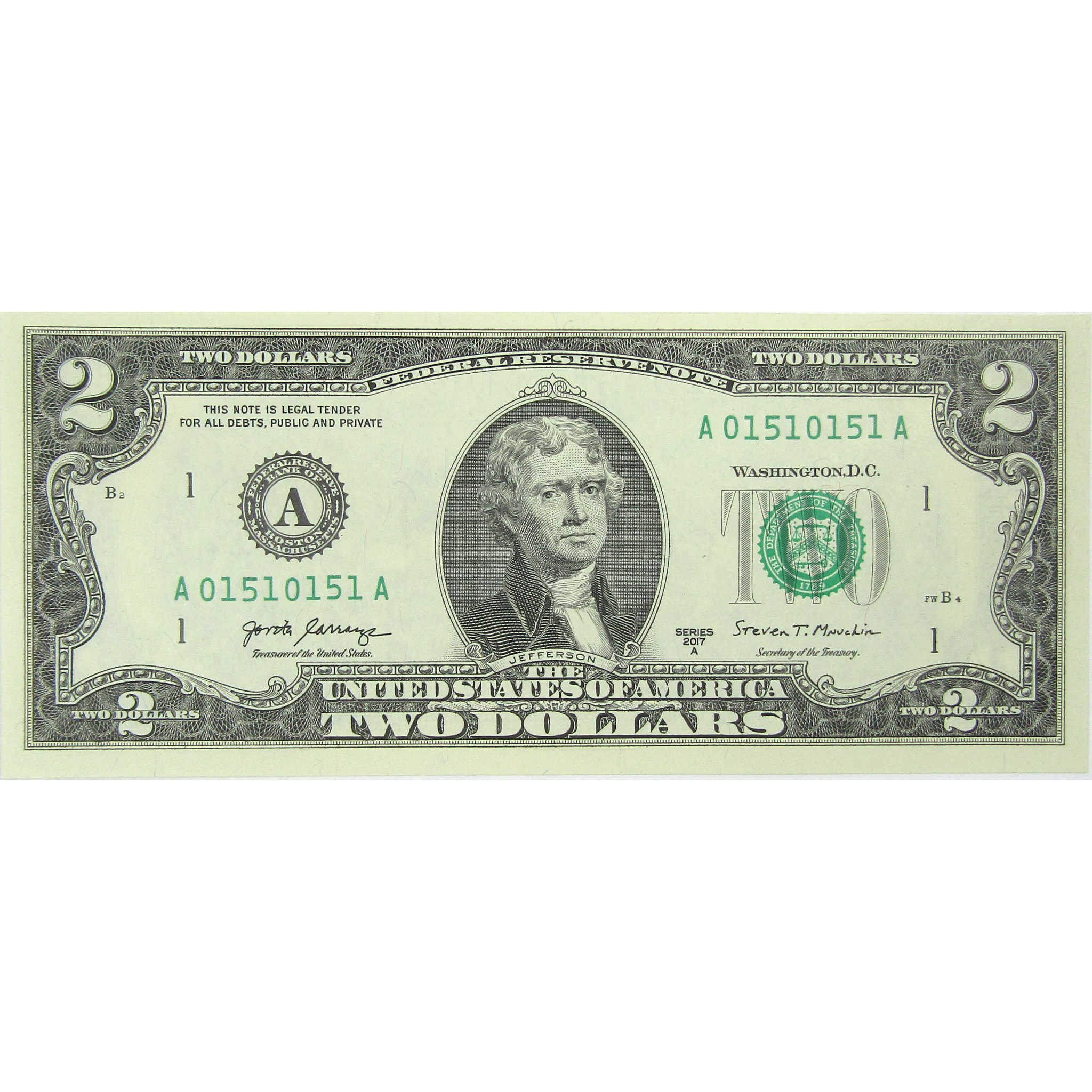 2017 A $2 Federal Reserve Note CCU Choice Crisp Uncirculated Currency