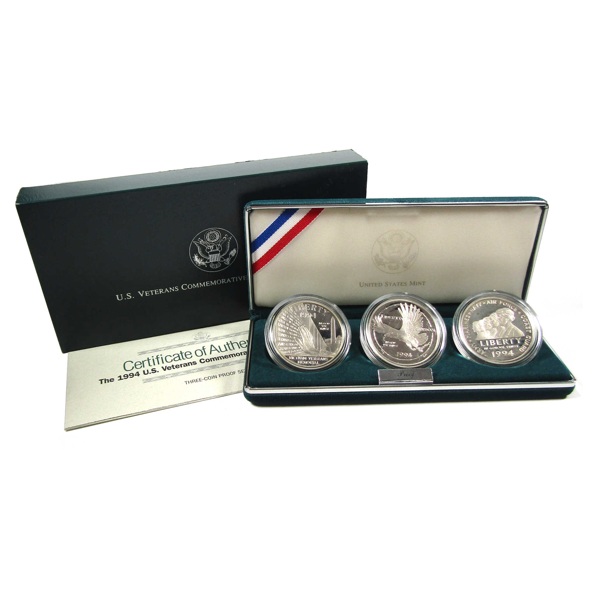 1994 US Veterans Commemorative 3 Coin Silver Dollar Proof offers Set w/ Box & COA