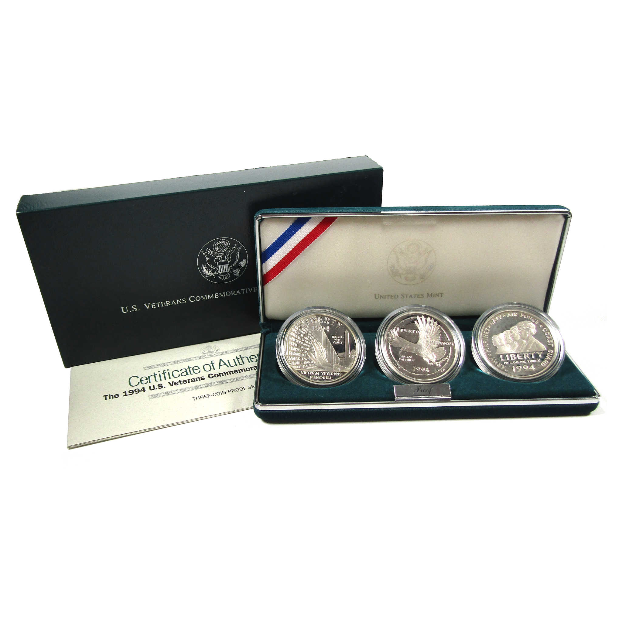 U.S Veterans Commemorative Silver Dollars 3 Coin Set Proof OGP COA