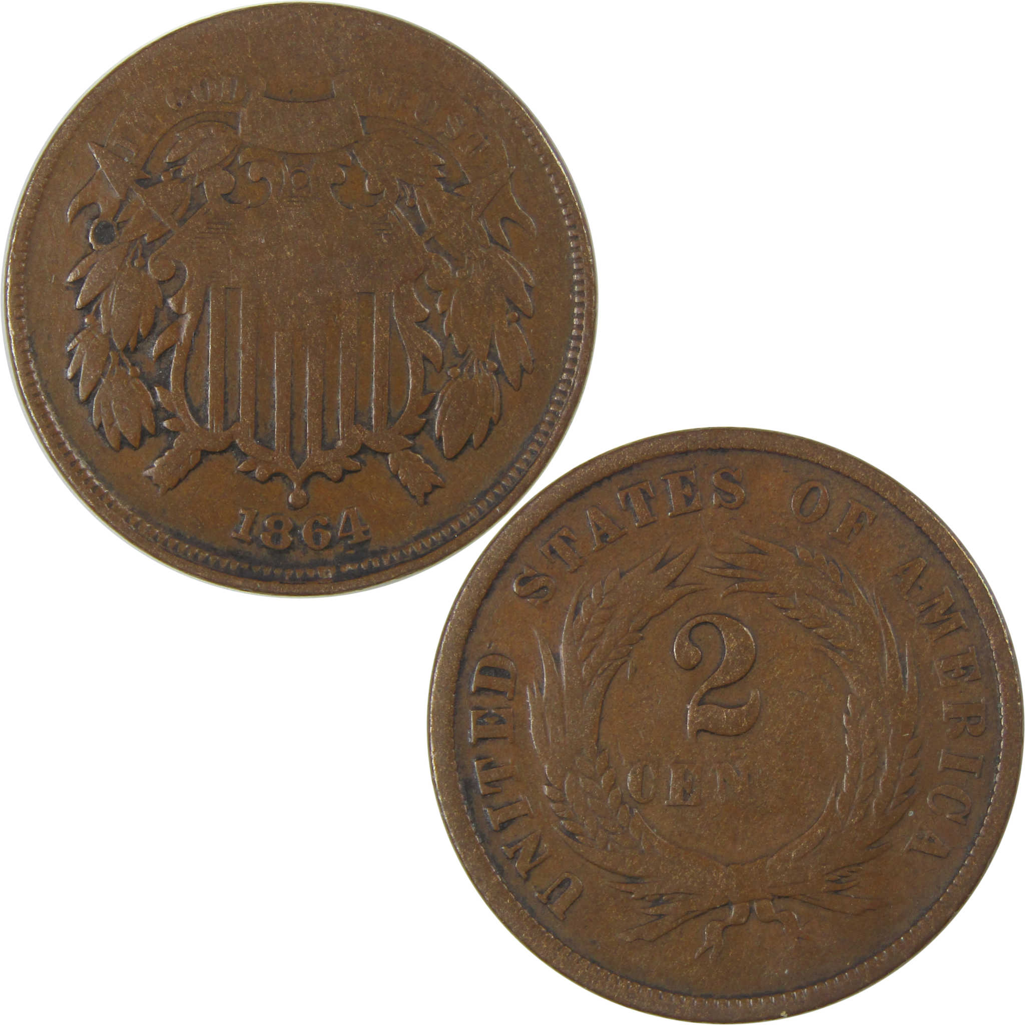 1864 Large Motto Two Cent Piece G Good 2c Coin SKU:CP12