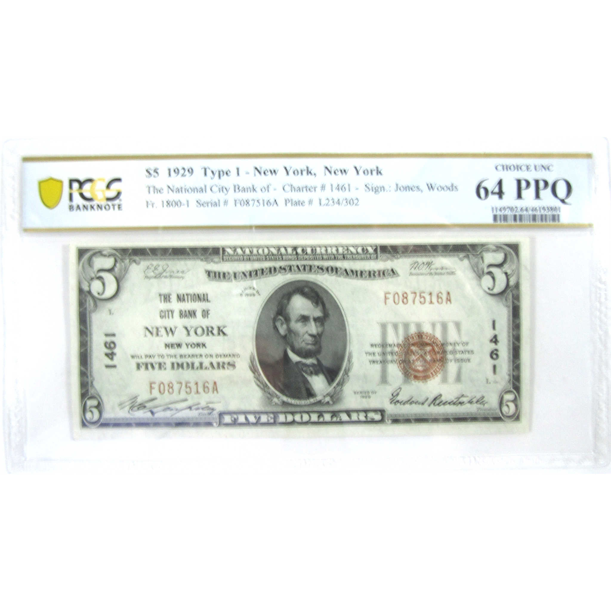 1929 $5 National Banknote New York Charter 1461 F1800 64 PPQ PCGS