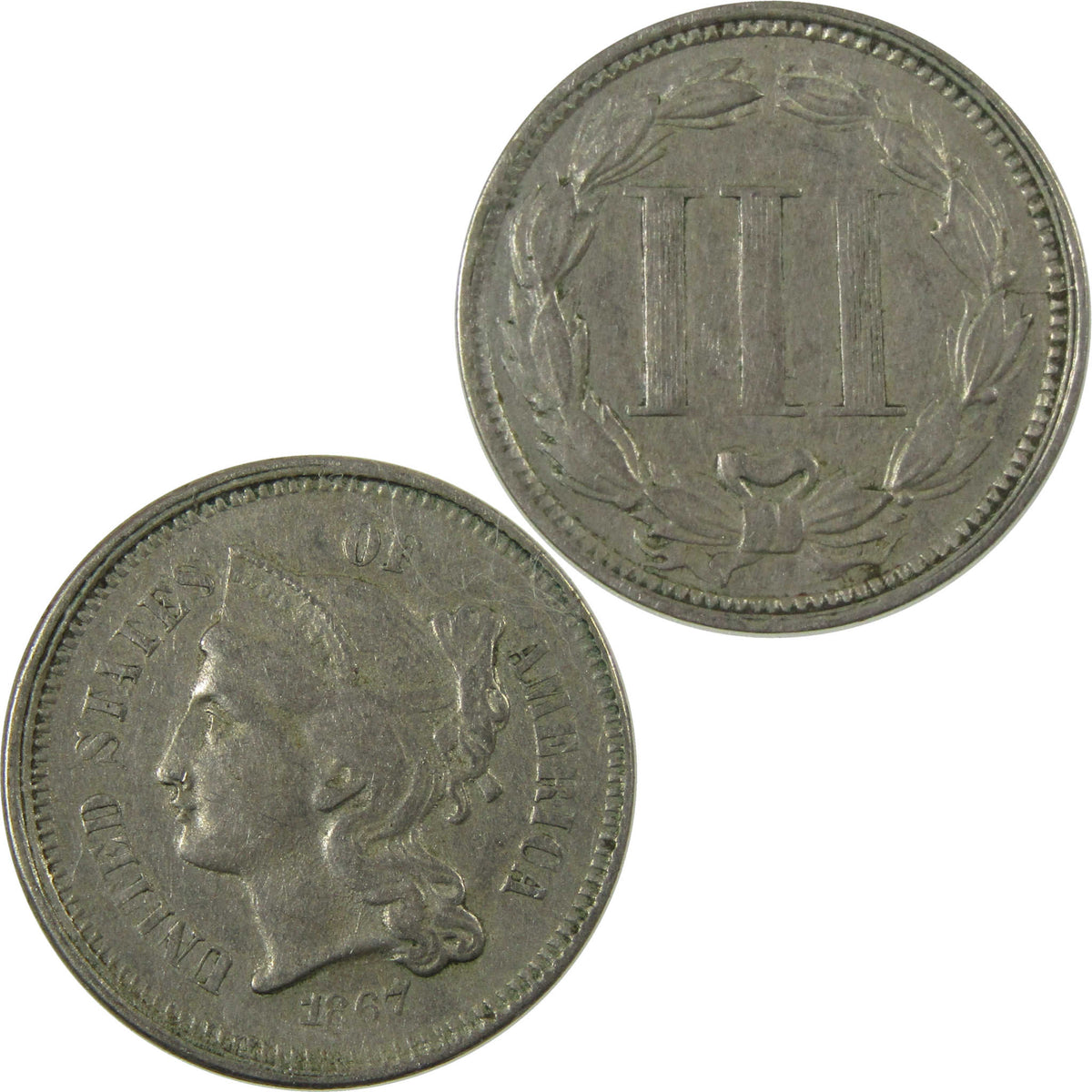 1867 Nickel Three Cent Piece XF EF Extremely Fine 3c Coin SKU:I28514