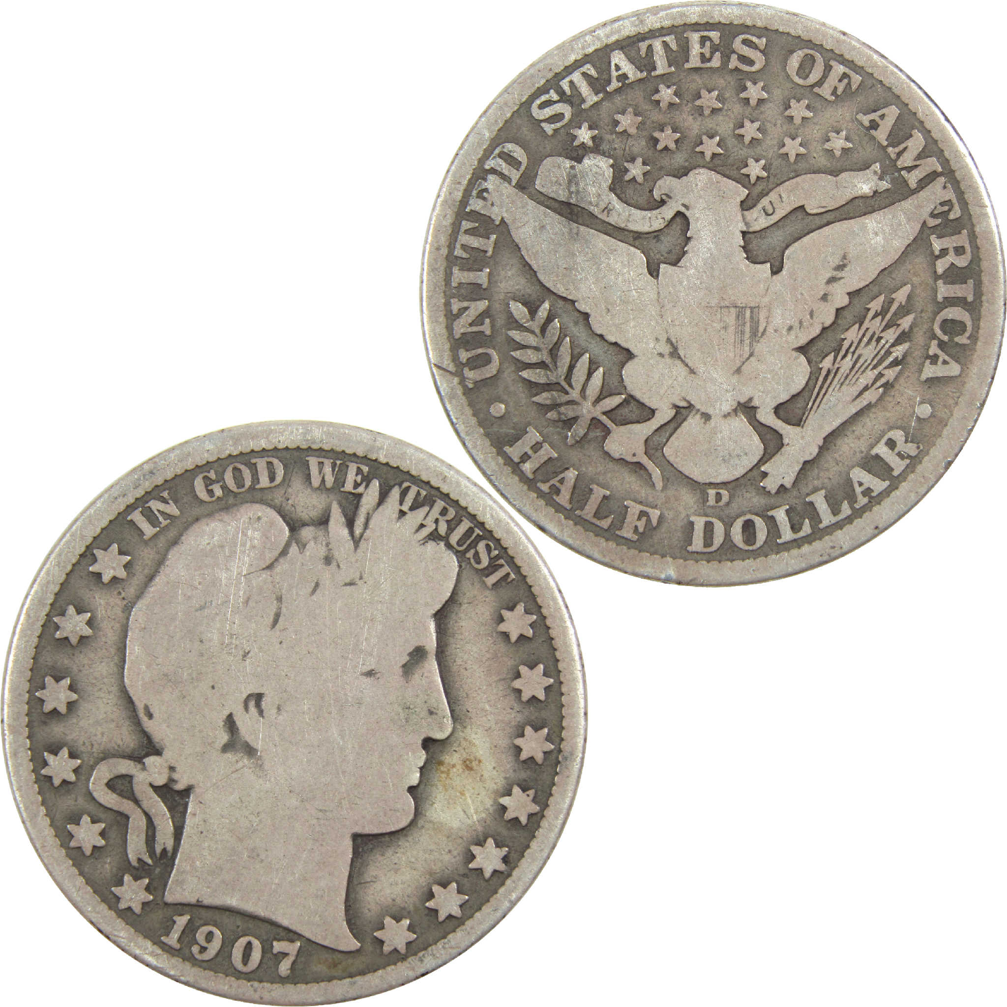 1907 D Barber Half Dollar G Good Silver 50c Coin SKU:I13550