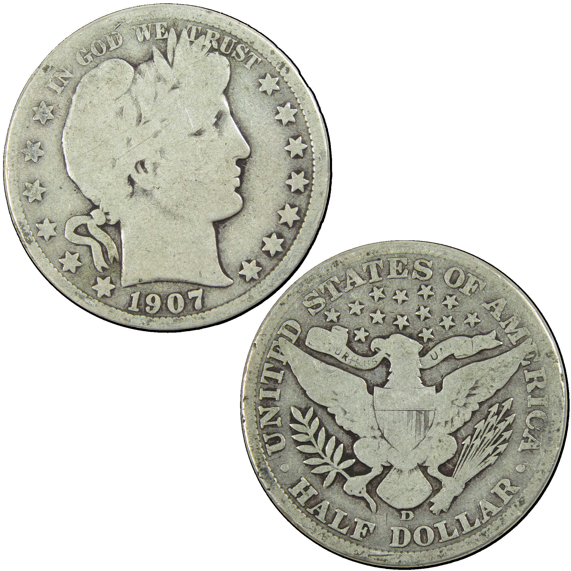 1907 D Barber Half Dollar G Good Silver 50c Coin SKU:I12771