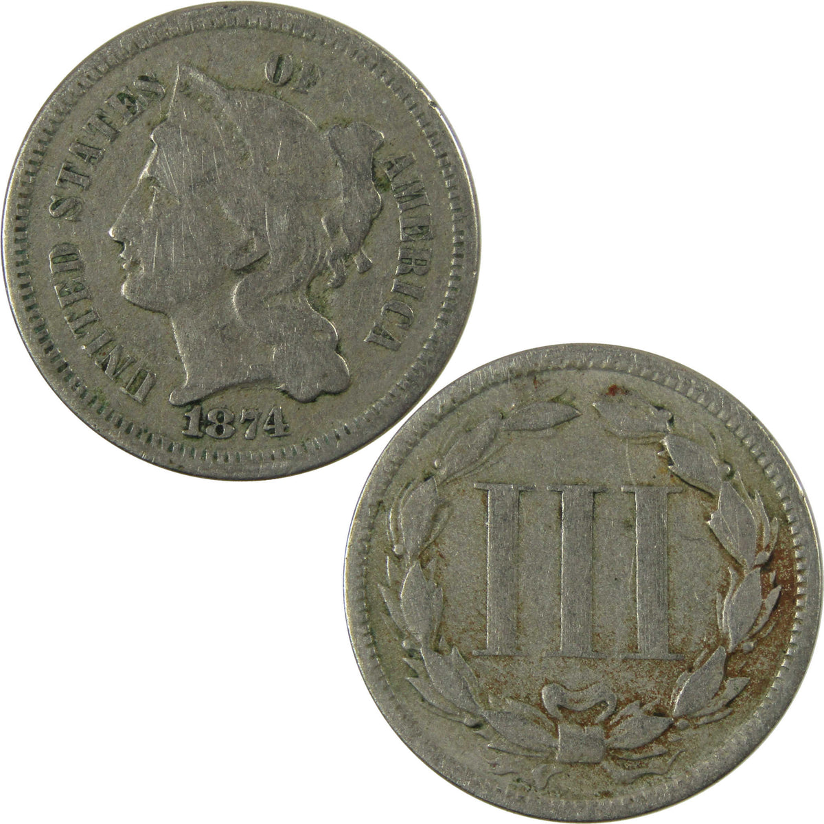 1874 Nickel Three Cent Piece VG Very Good 3c Coin SKU:I28503