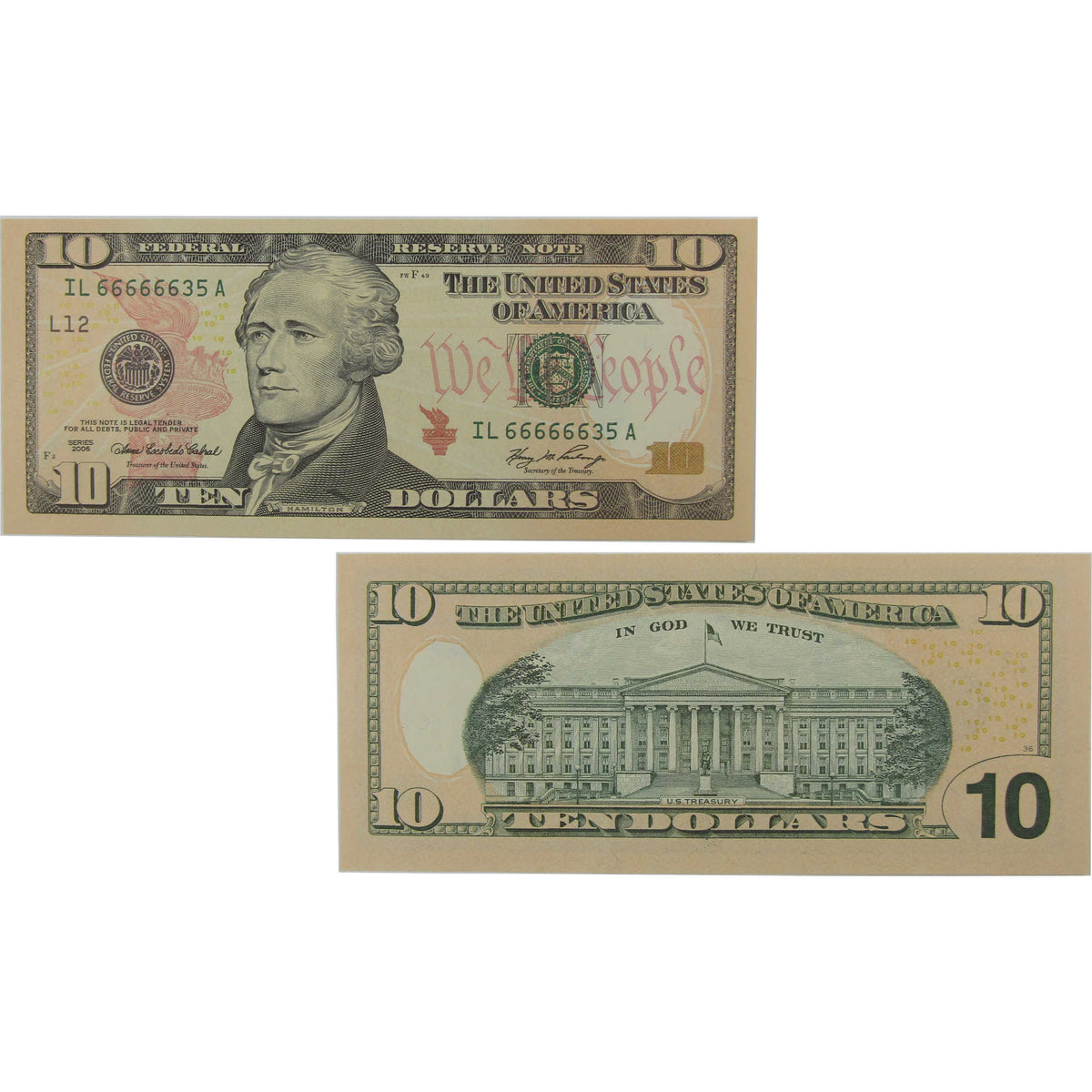 $10 Federal Reserve Note Uncirculated Serial Block Starts With Six 6's