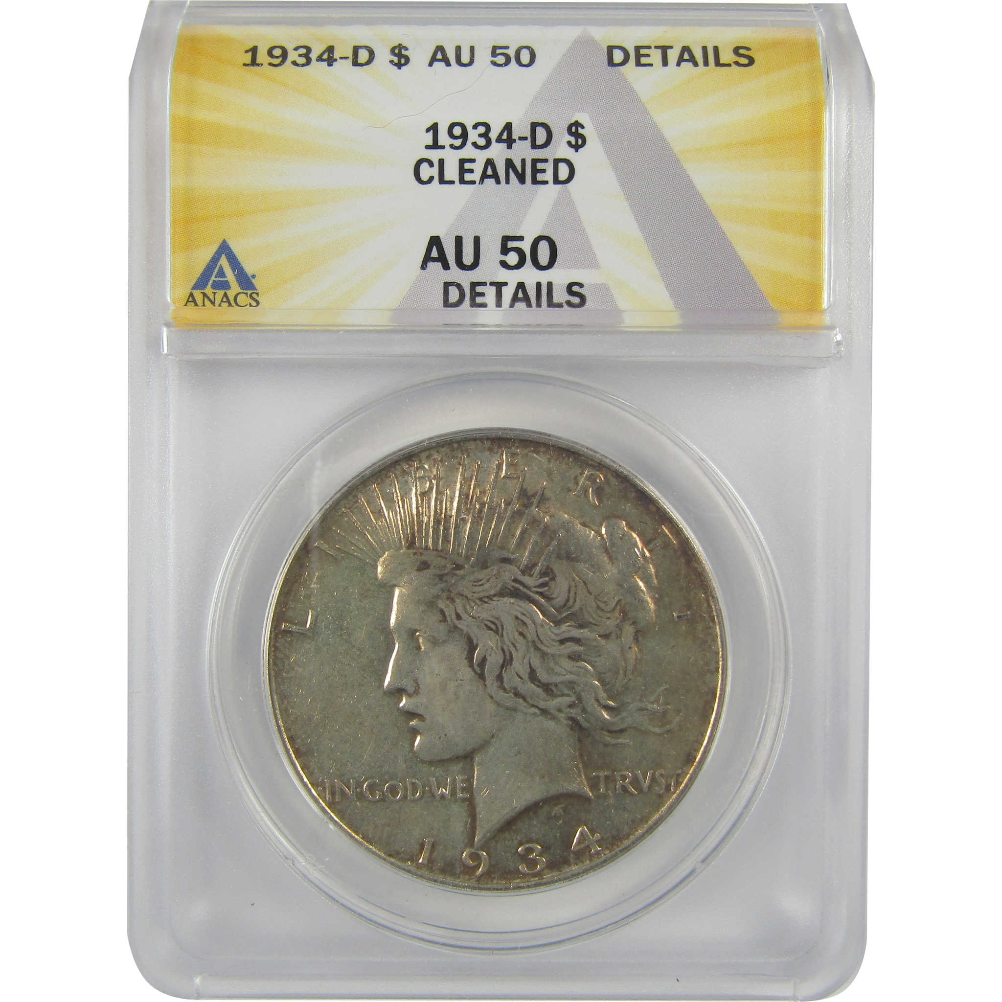 1934 D Peace Dollar AU 50 Details ANACS Silver $1 Coin SKU:I21578