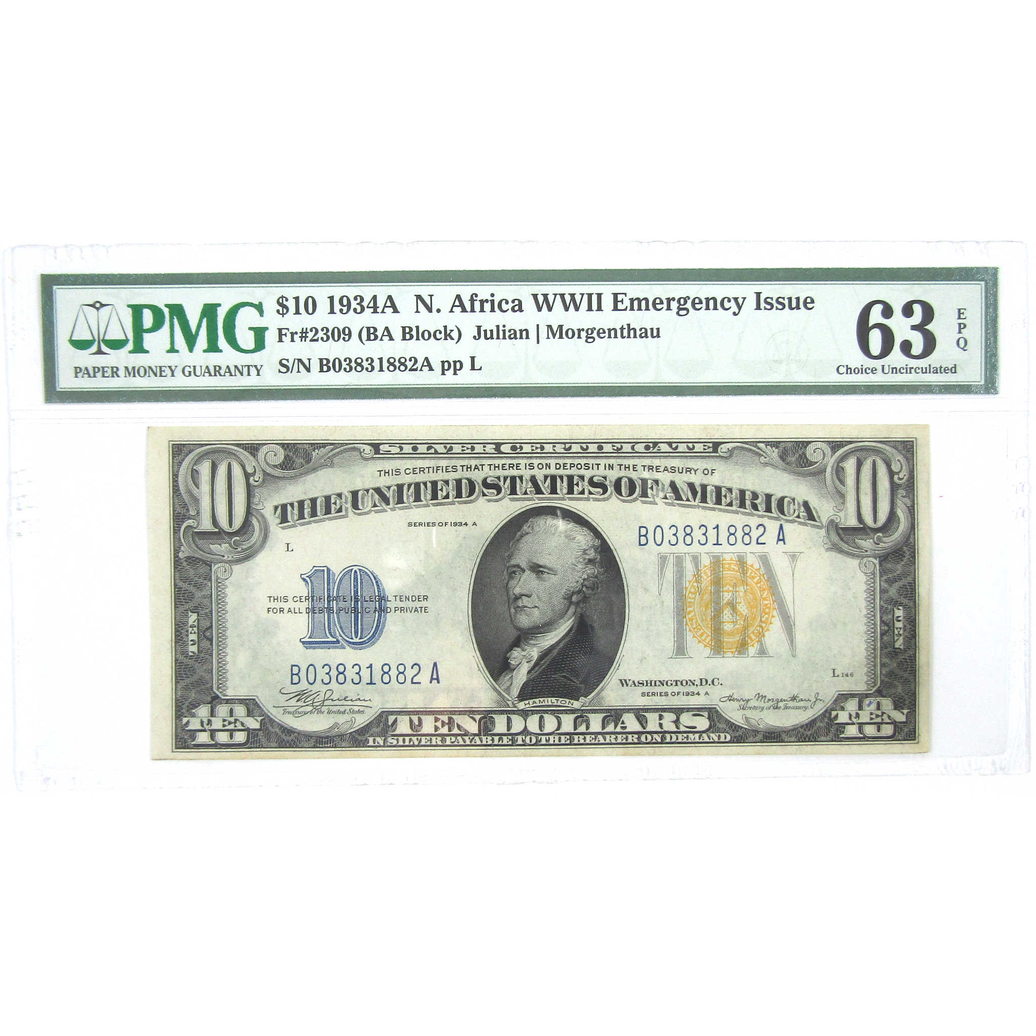 1934A $10 Silver Certificate North Africa WWII FR2309 63 EPQ PMG