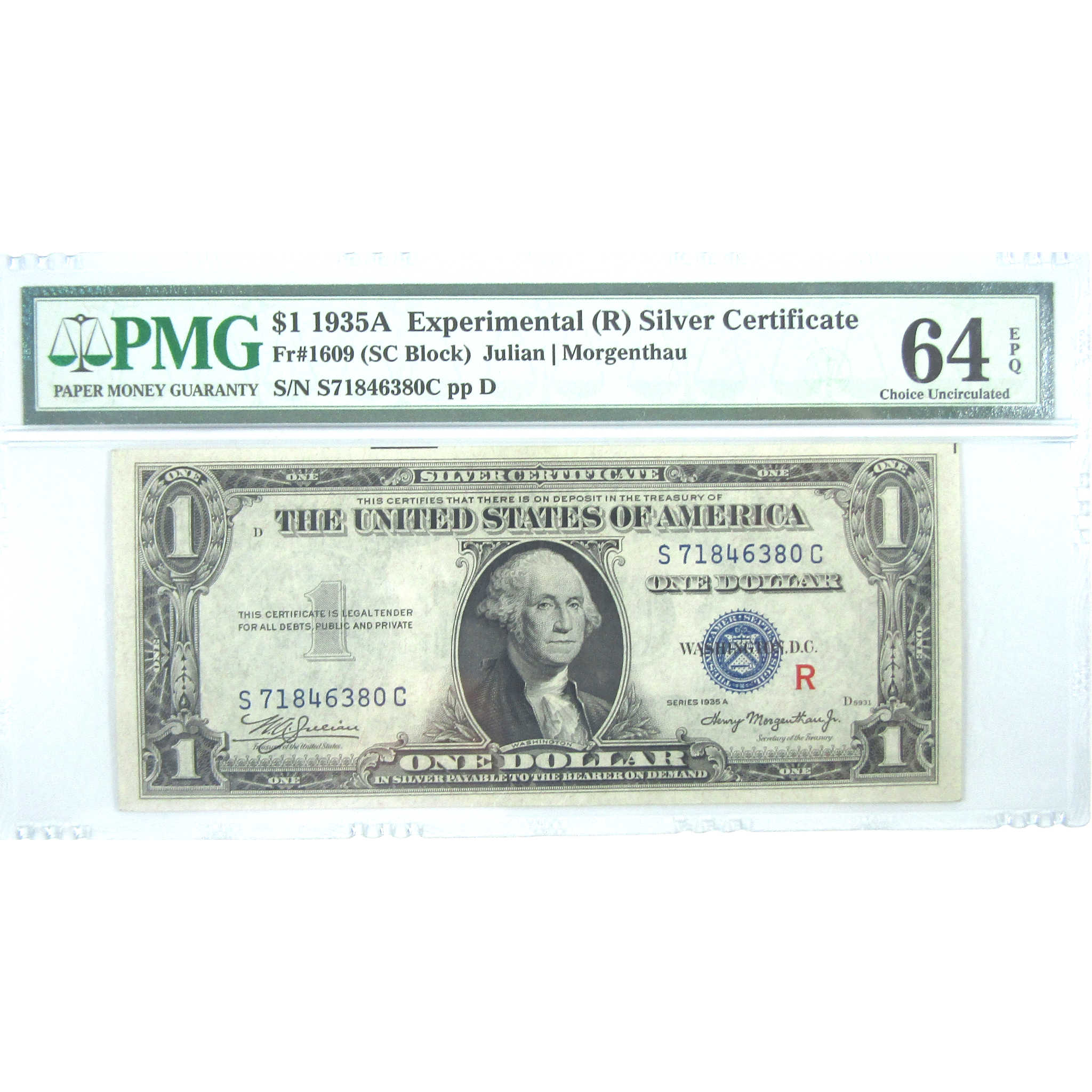 1935A $1 Silver Certificate FR1609 Experimental (R) 64 EPQ PMG