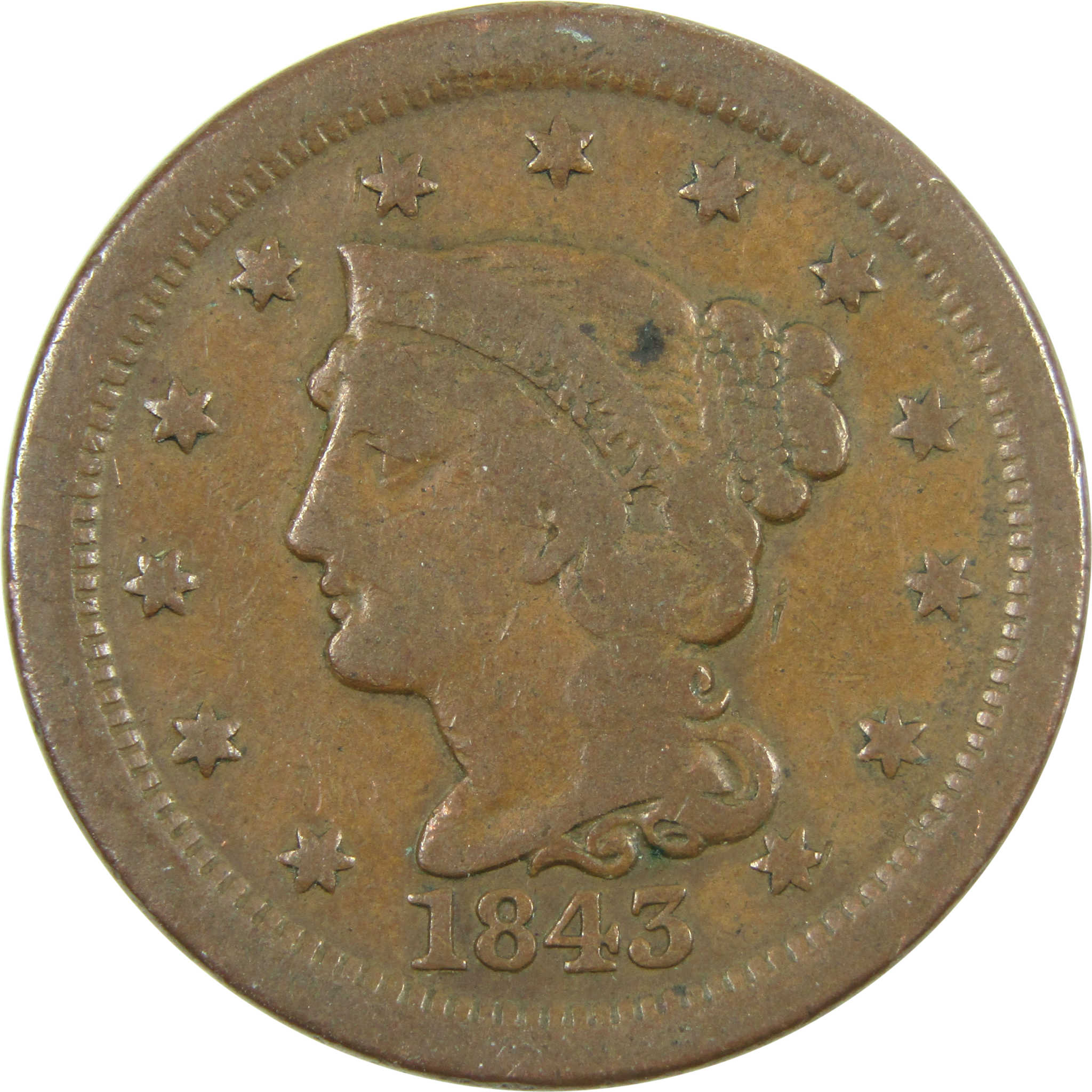 1843 Head of 1844 Braided Hair Large Cent F Fine Copper SKU:I13335