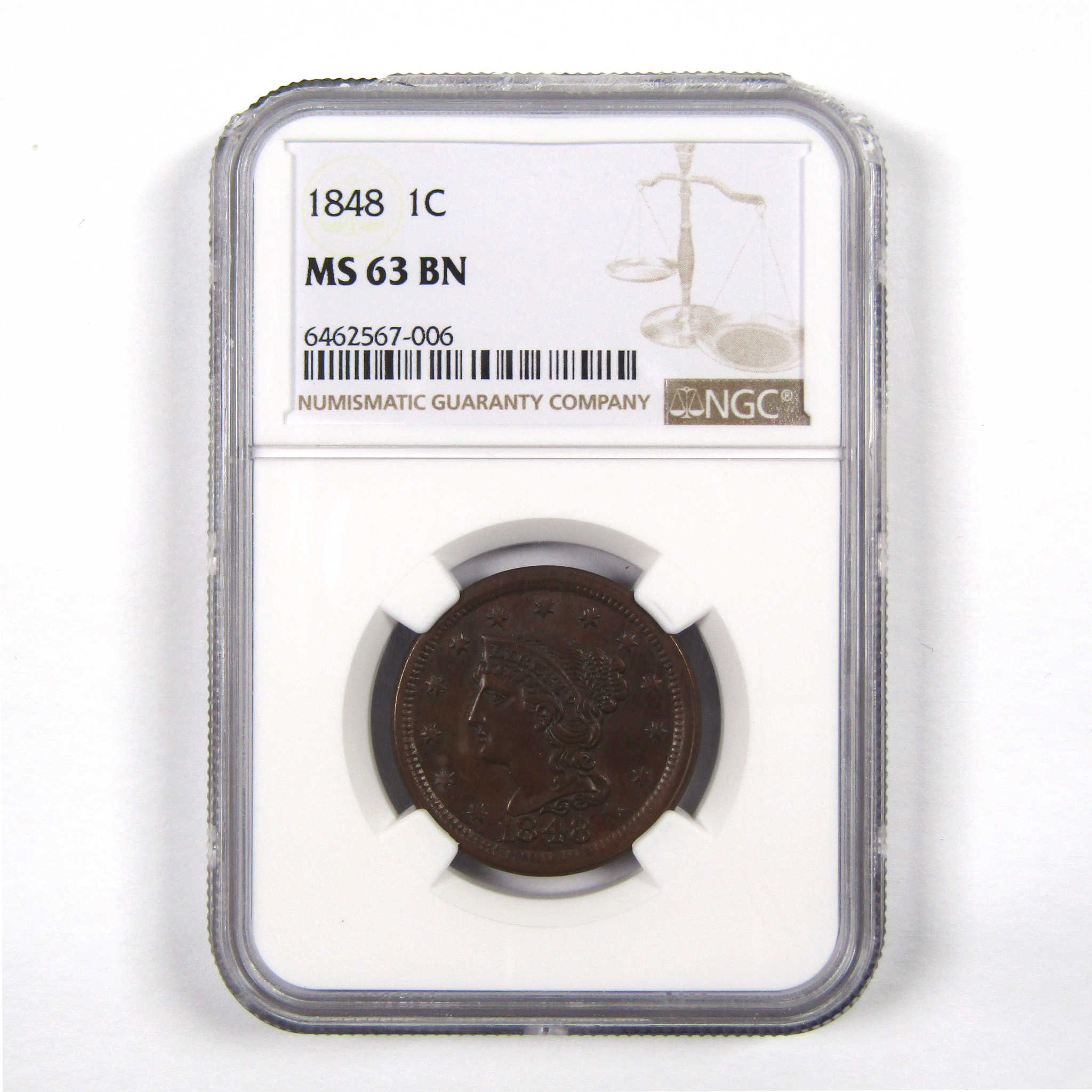 1848 Braided Hair Large Cent MS 63 BN NGC Copper 1c Unc SKU:I9197