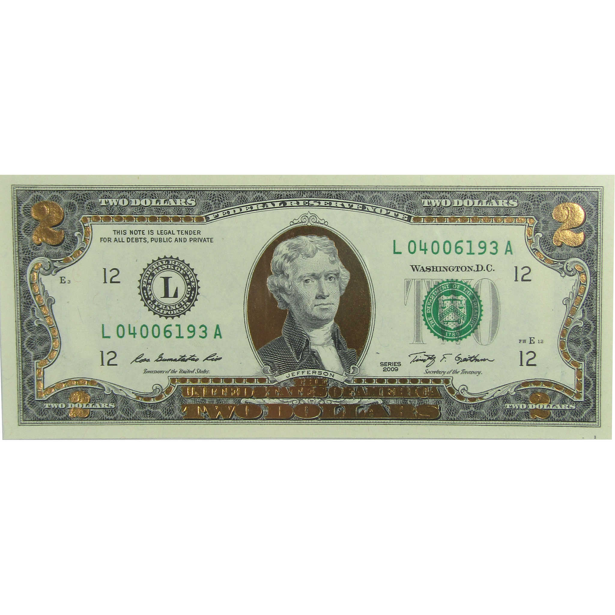 2009 $2 Federal Reserve Note 22 Karat Gold Foil Edition SKU:CPC9396