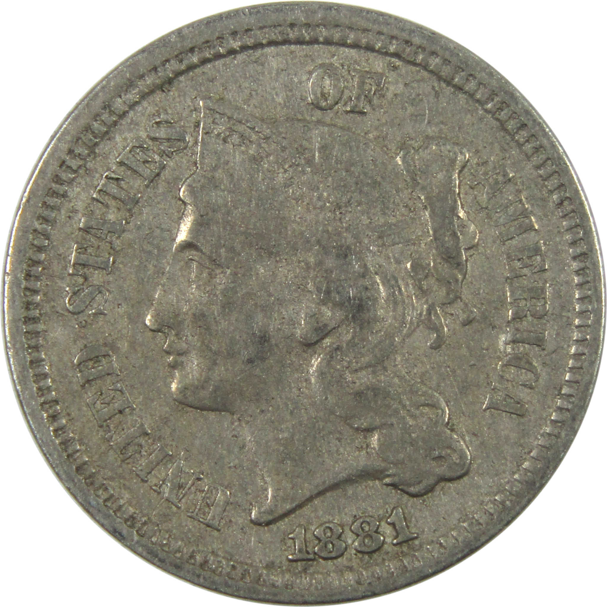 1881 Nickel Three Cent Piece F Fine 3c Coin SKU:I14680