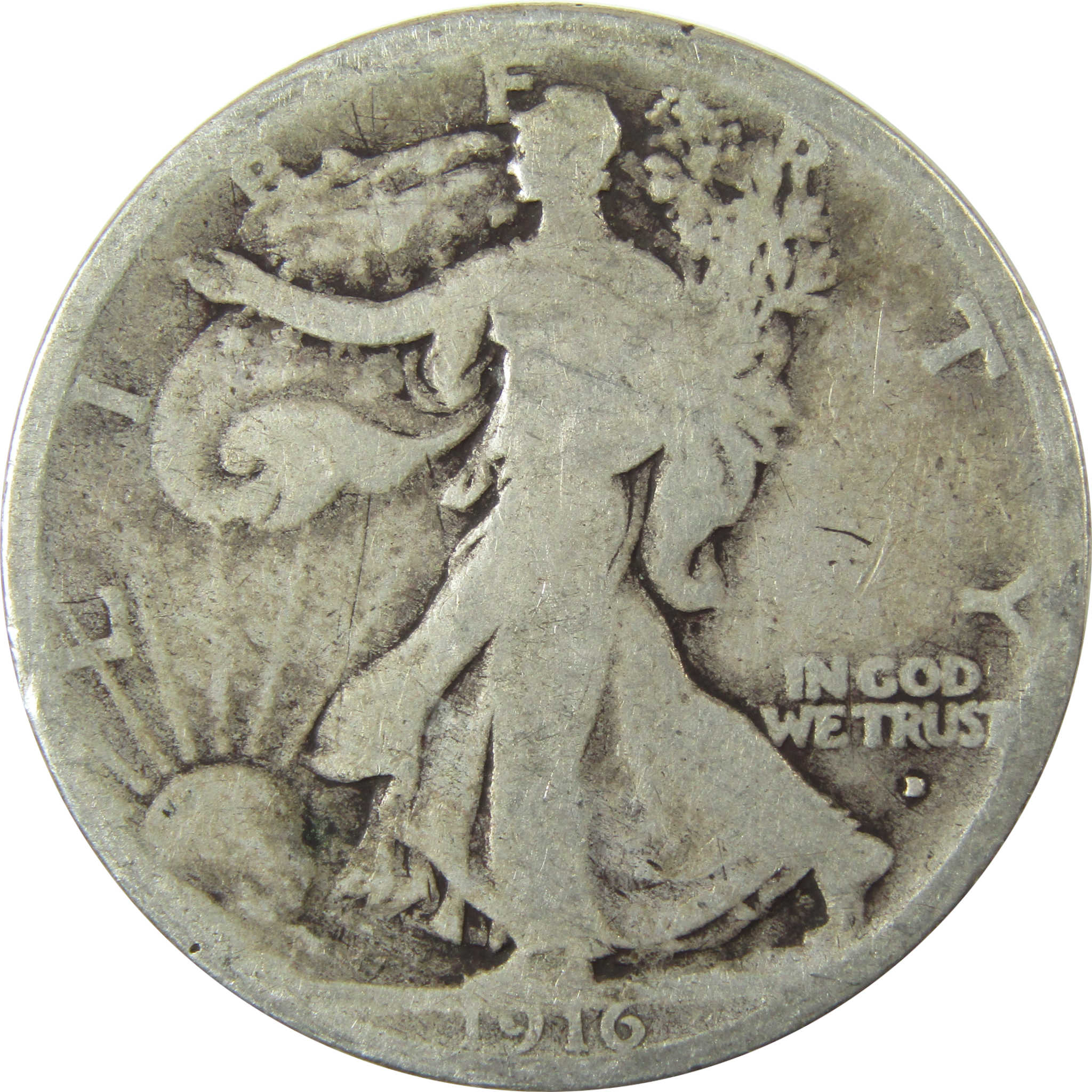 1916 D Liberty Walking Silver Half Dollar AG About Good SKU:CP1461