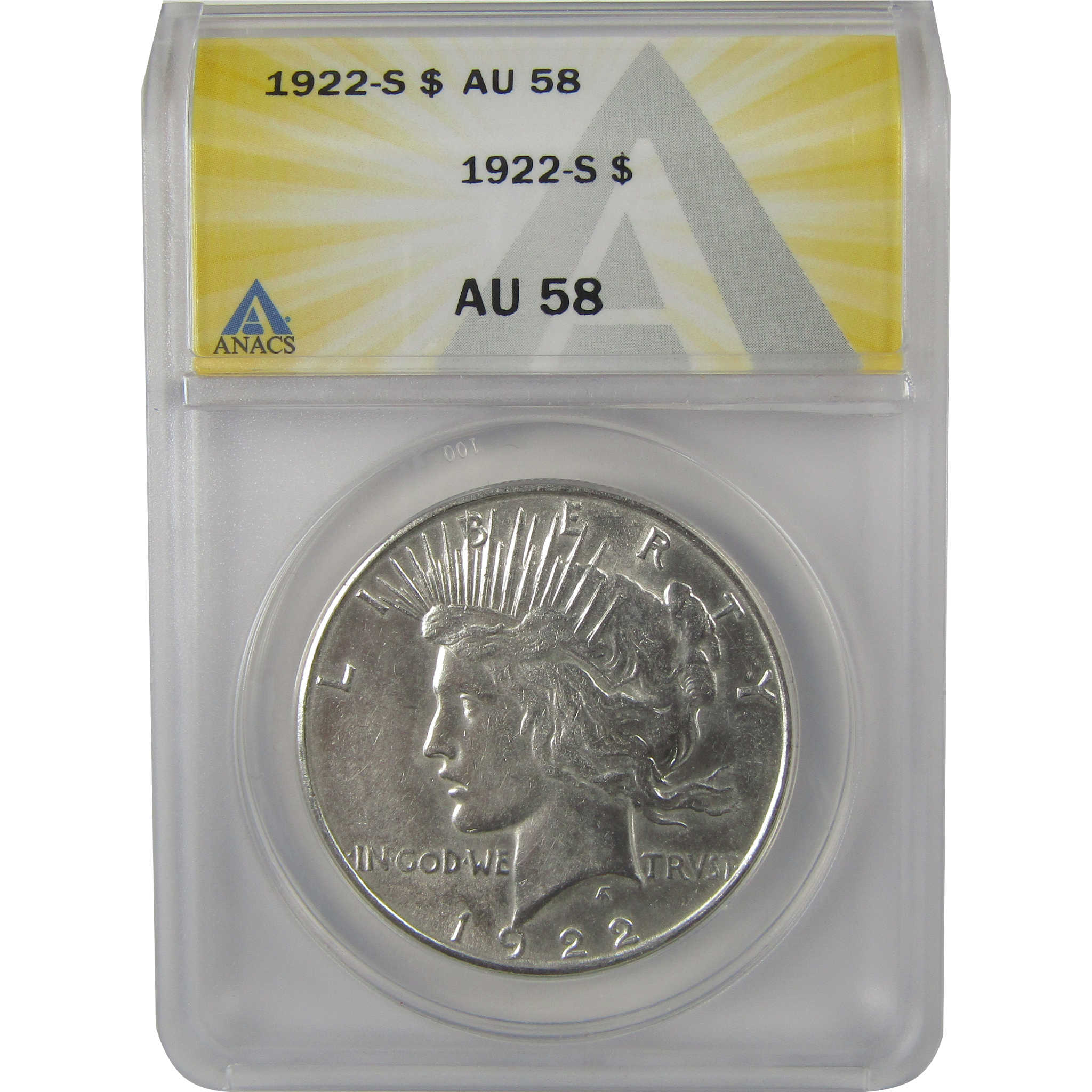 1922 S Peace Dollar AU 58 ANACS Silver $1 Coin SKU:I22235