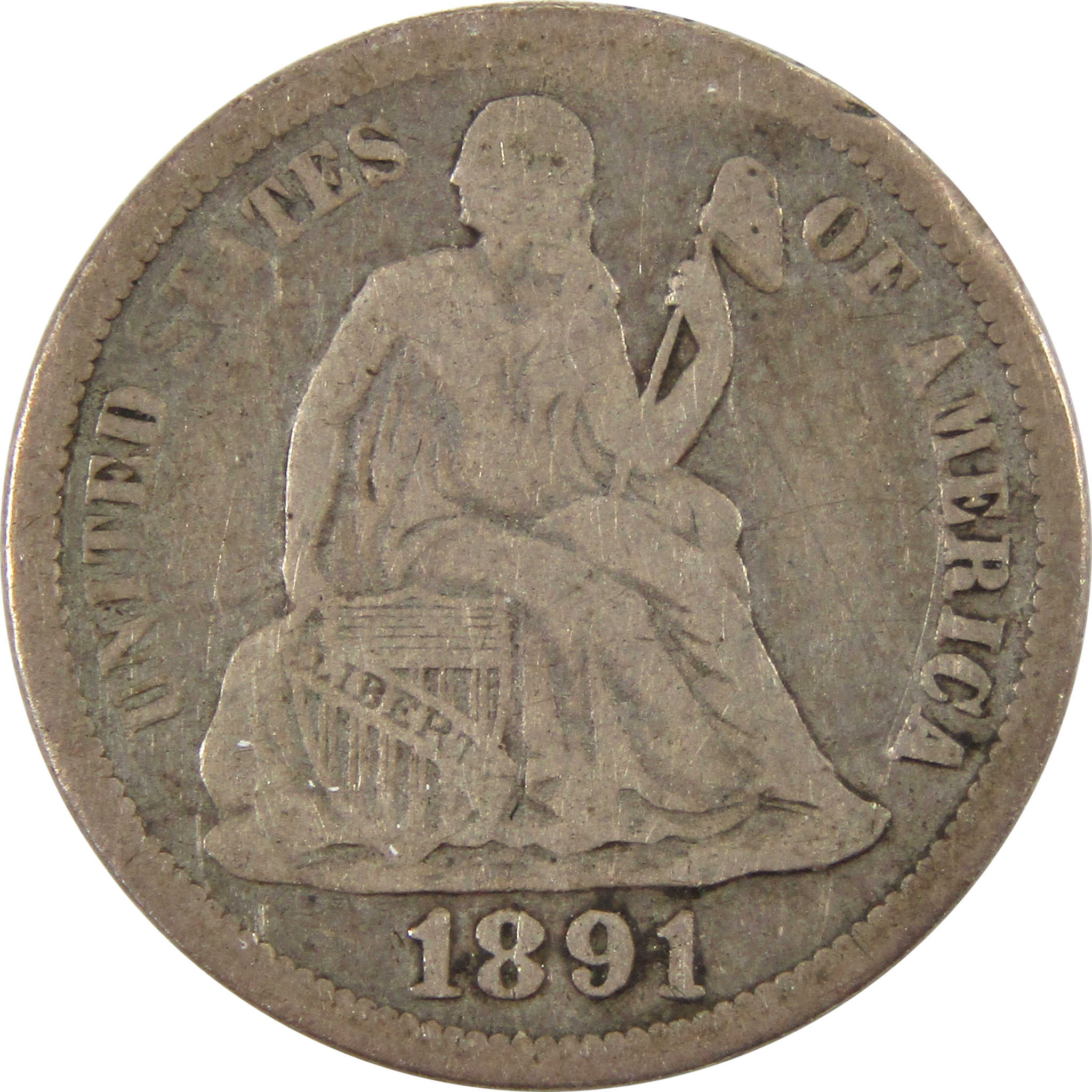 1891 Seated Liberty Dime F Fine 90% Silver 10c Coin SKU:I9953