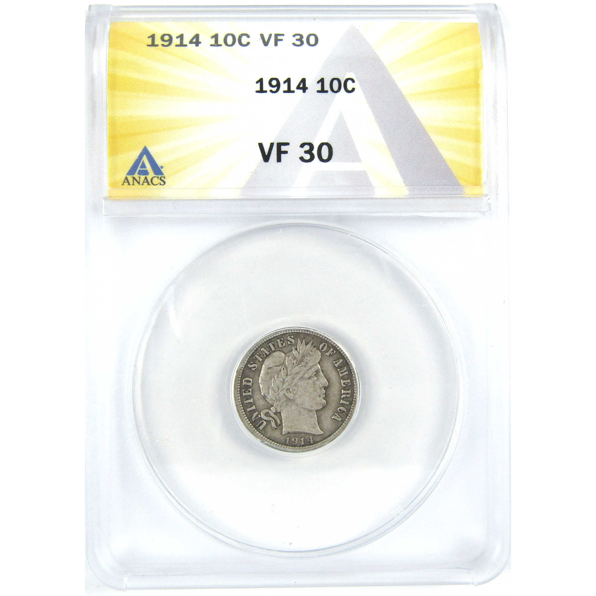 1914 Barber Dime VF 30 ANACS Silver 10c Coin SKU:I16307