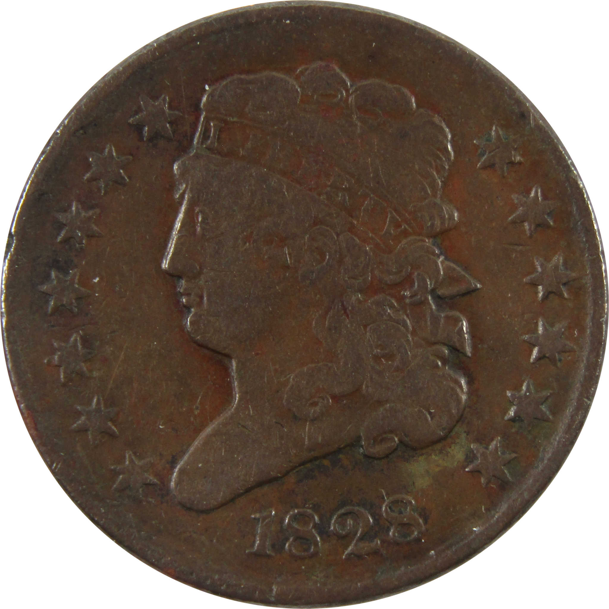 1828 13 Stars Classic Head Half Cent F Fine Copper Penny SKU:I10954