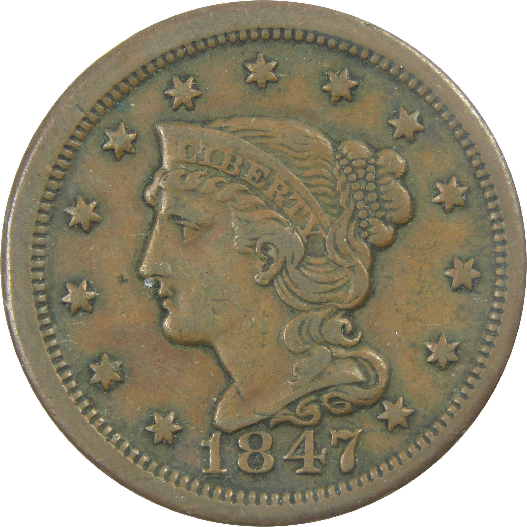 1847 Braided Hair Large Cent VF Very Fine Details Copper SKU:I16592