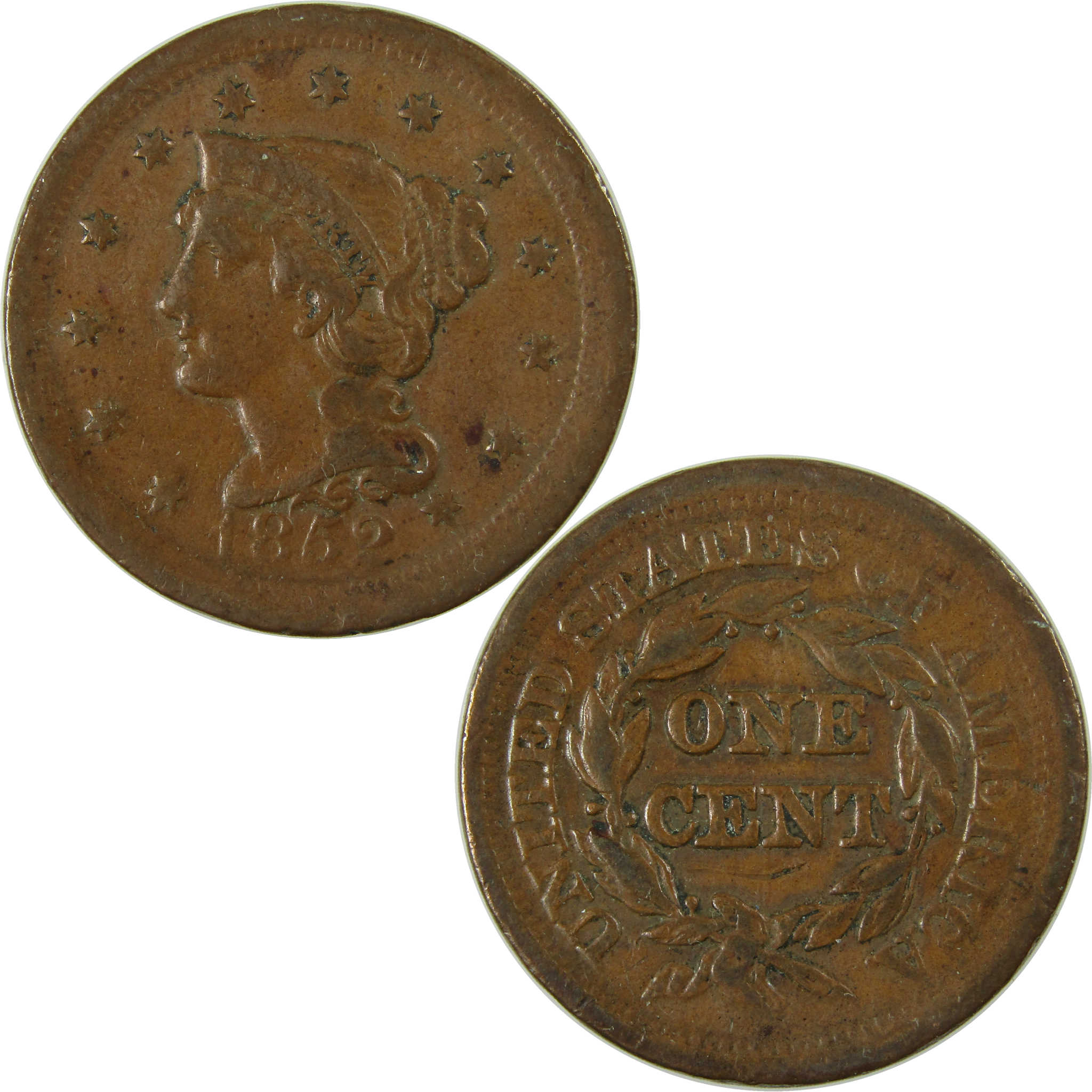 1852 Braided Hair Copper Large Cent F Fine Penny 1c Coin SKU:I27818