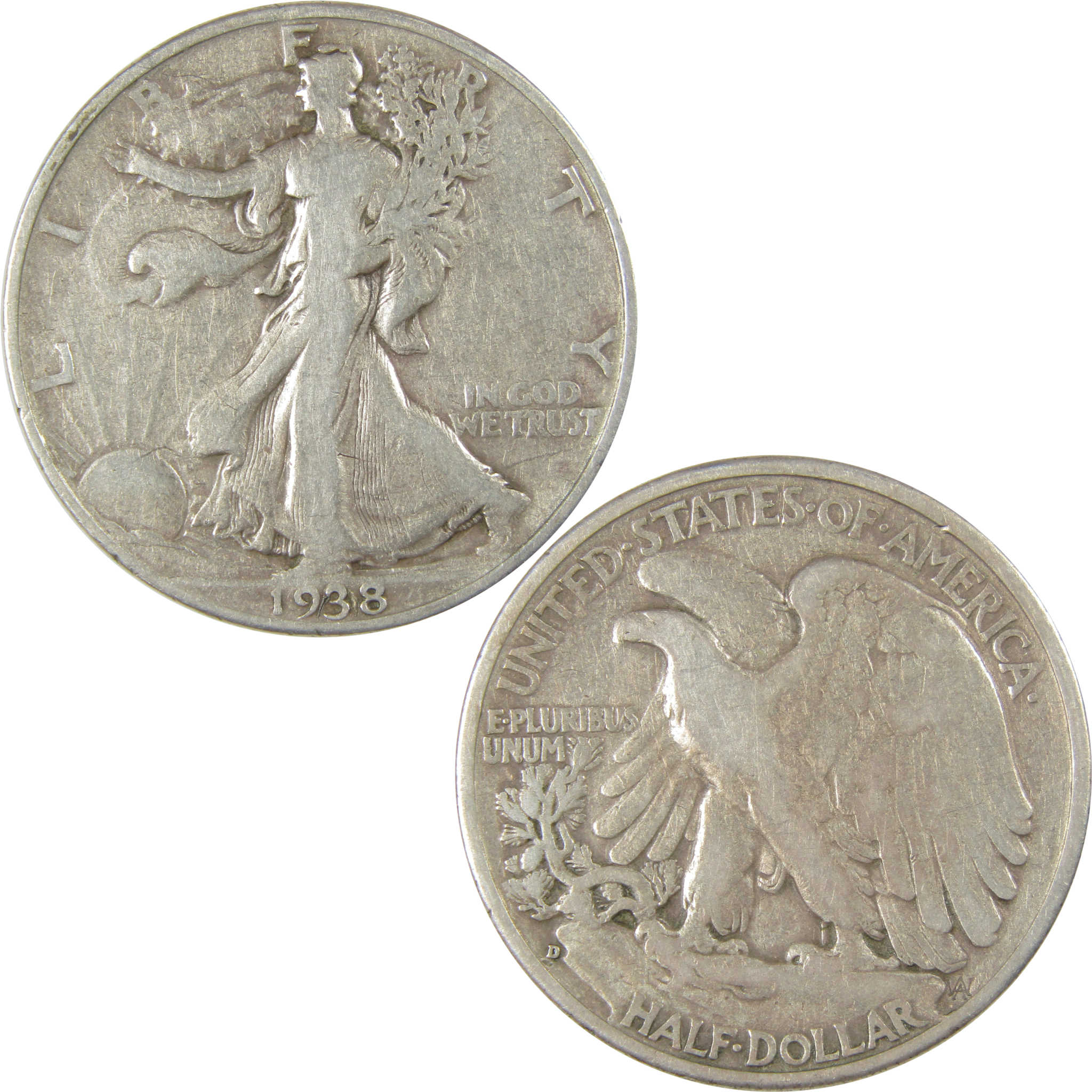1938 D Liberty Walking Half Dollar F Fine Silver 50c Coin SKU:CP14