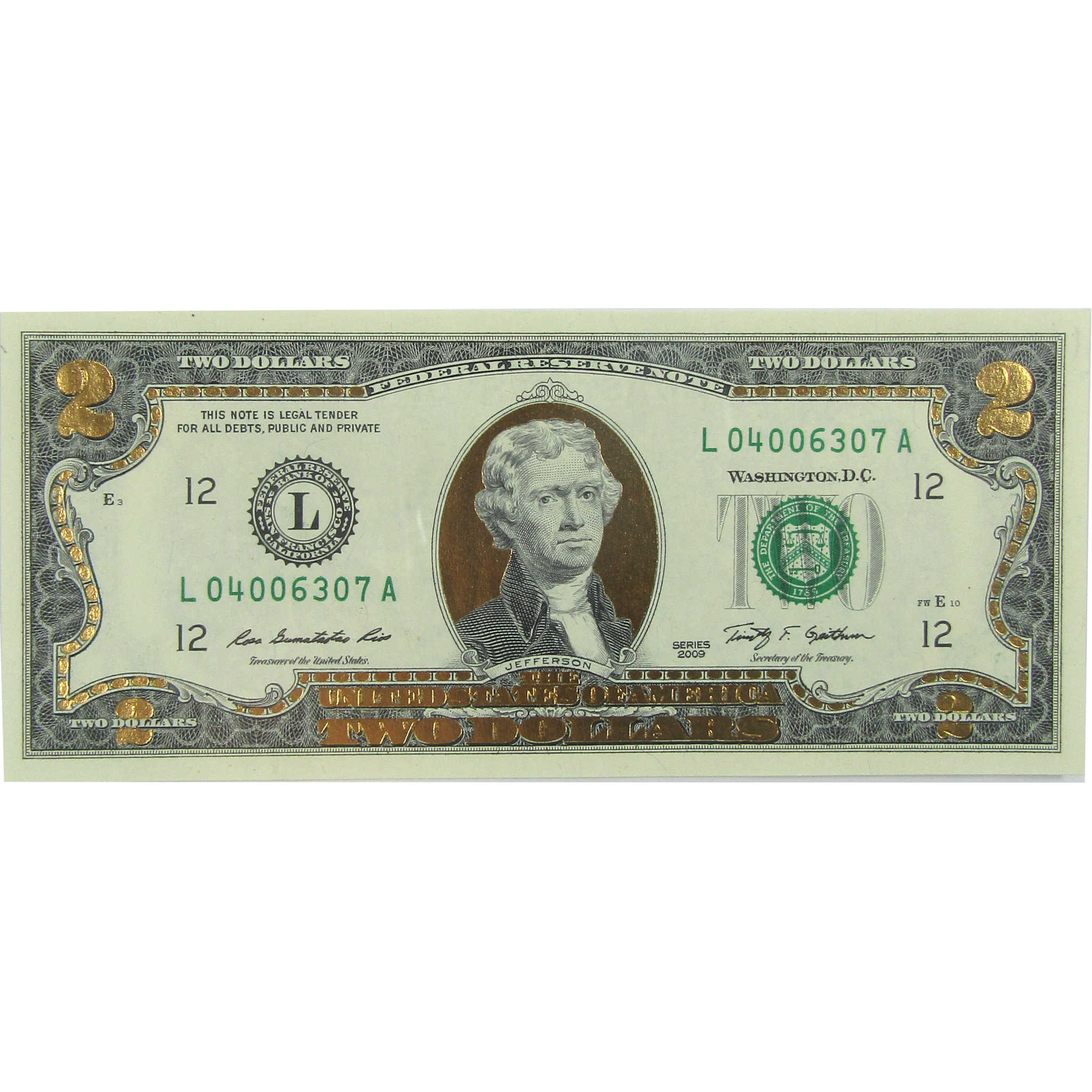 2009 $2 Federal Reserve Note 22 Karat Gold Foil Edition SKU:CPC9399