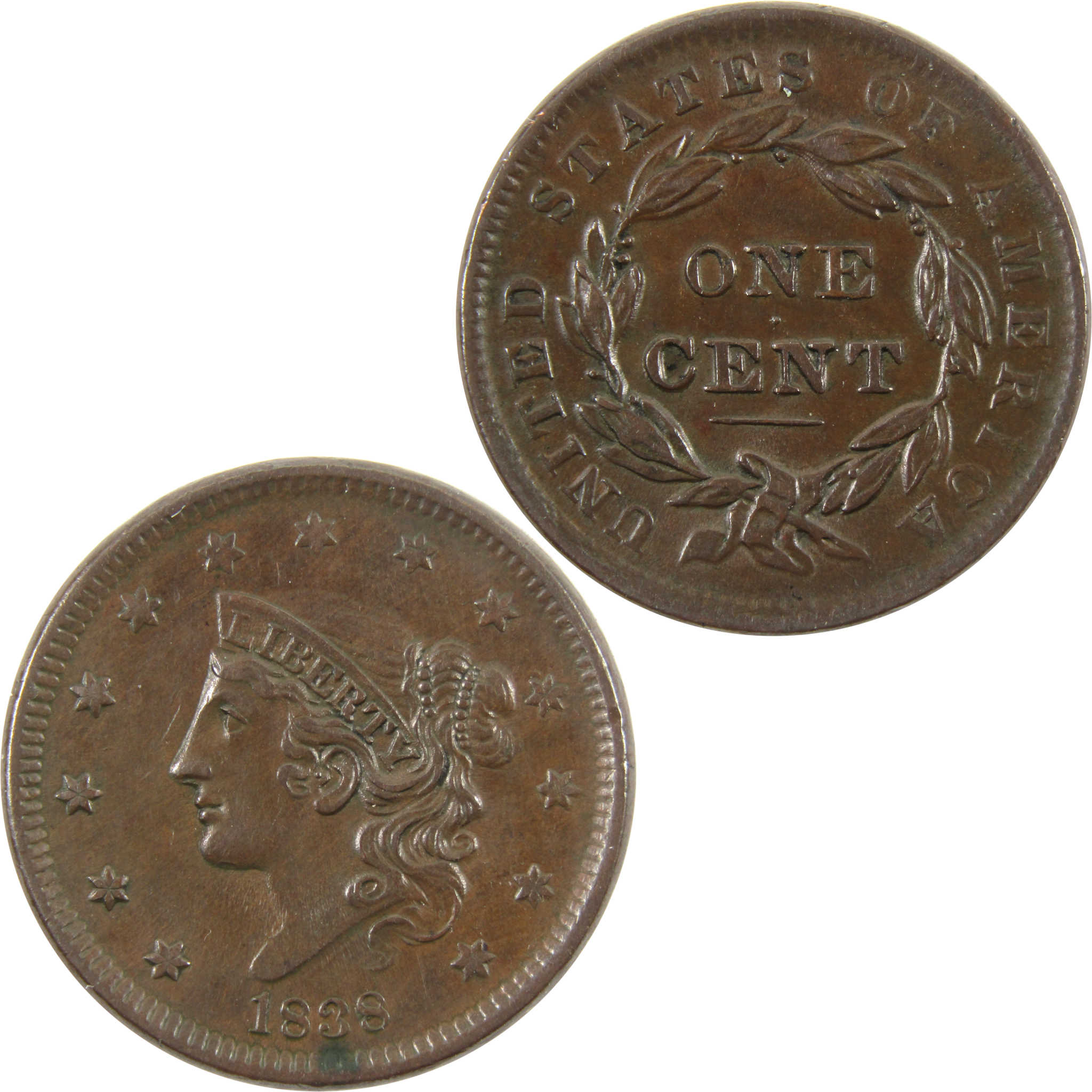 1838 Coronet Head Large Cent AU About Uncirculated Copper SKU:I10965