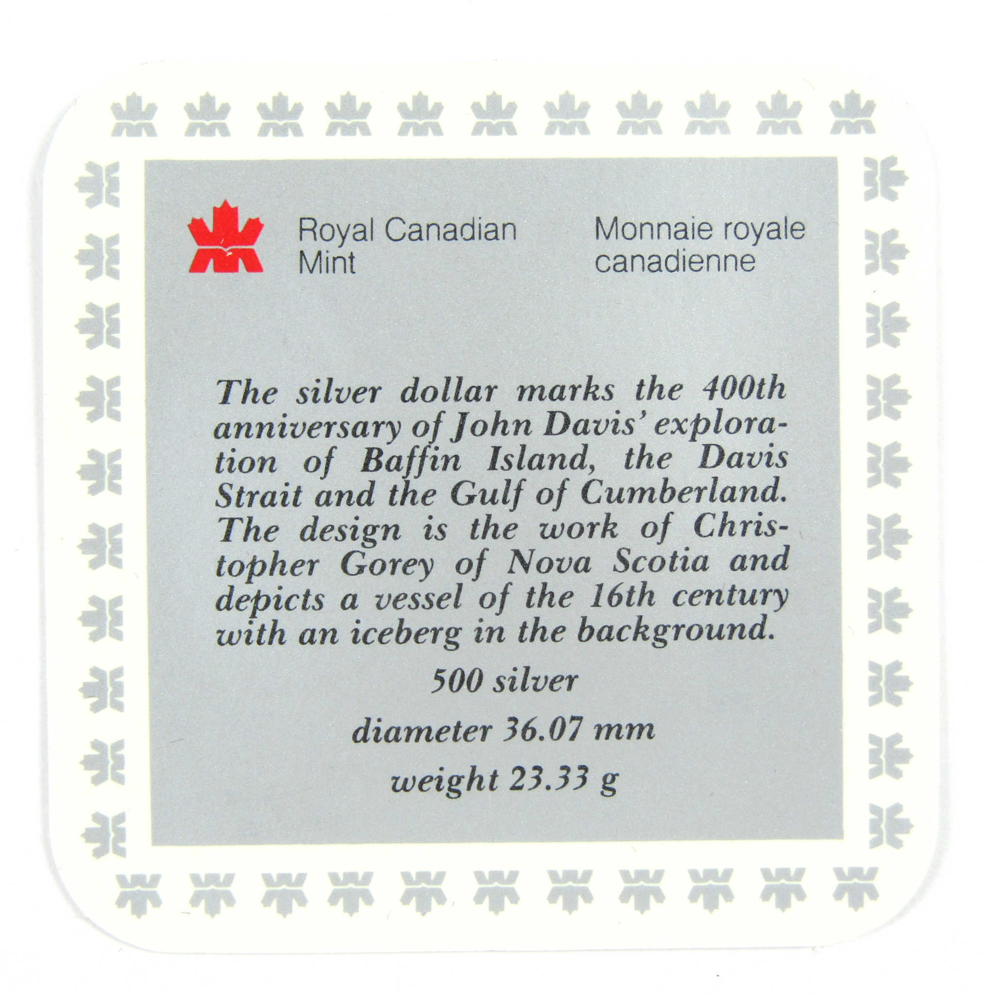 1986 Canadian Davis Strait Dollar Silver $1 Proof Coin SKU:CPC4650