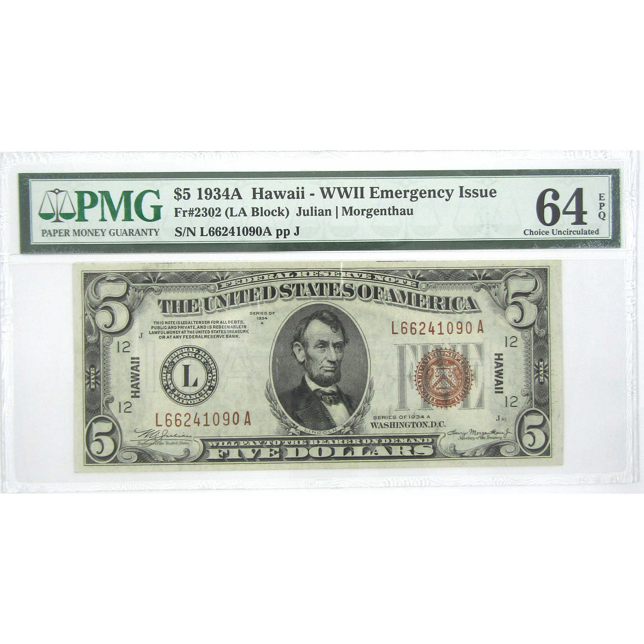 1934A $5 Federal Reserve Note Hawaii WWII Emergency FR2302 64 EPQ PMG