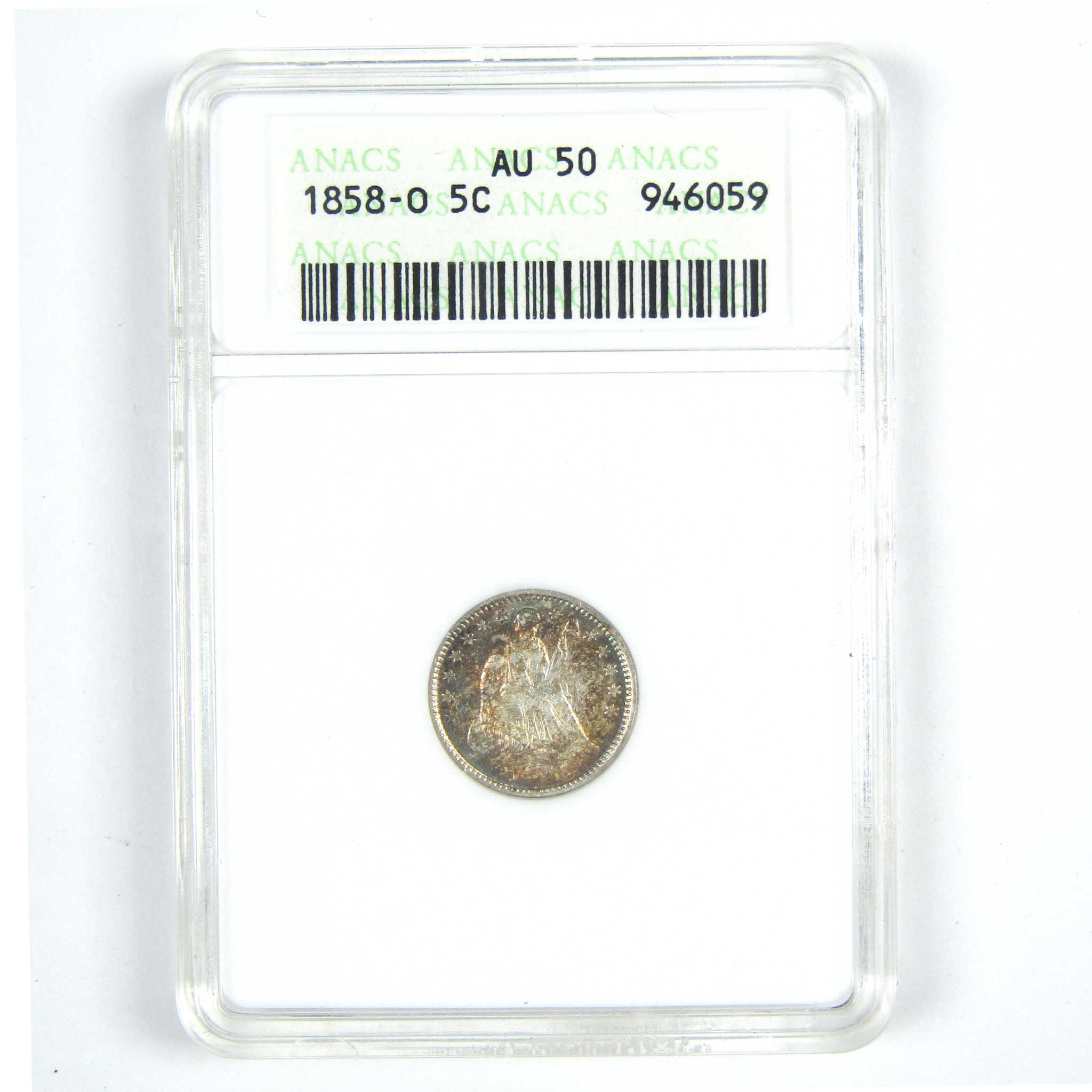 1858 O Seated Liberty Half Dime AU 50 ANACS Silver 5c Coin SKU:CPC8615