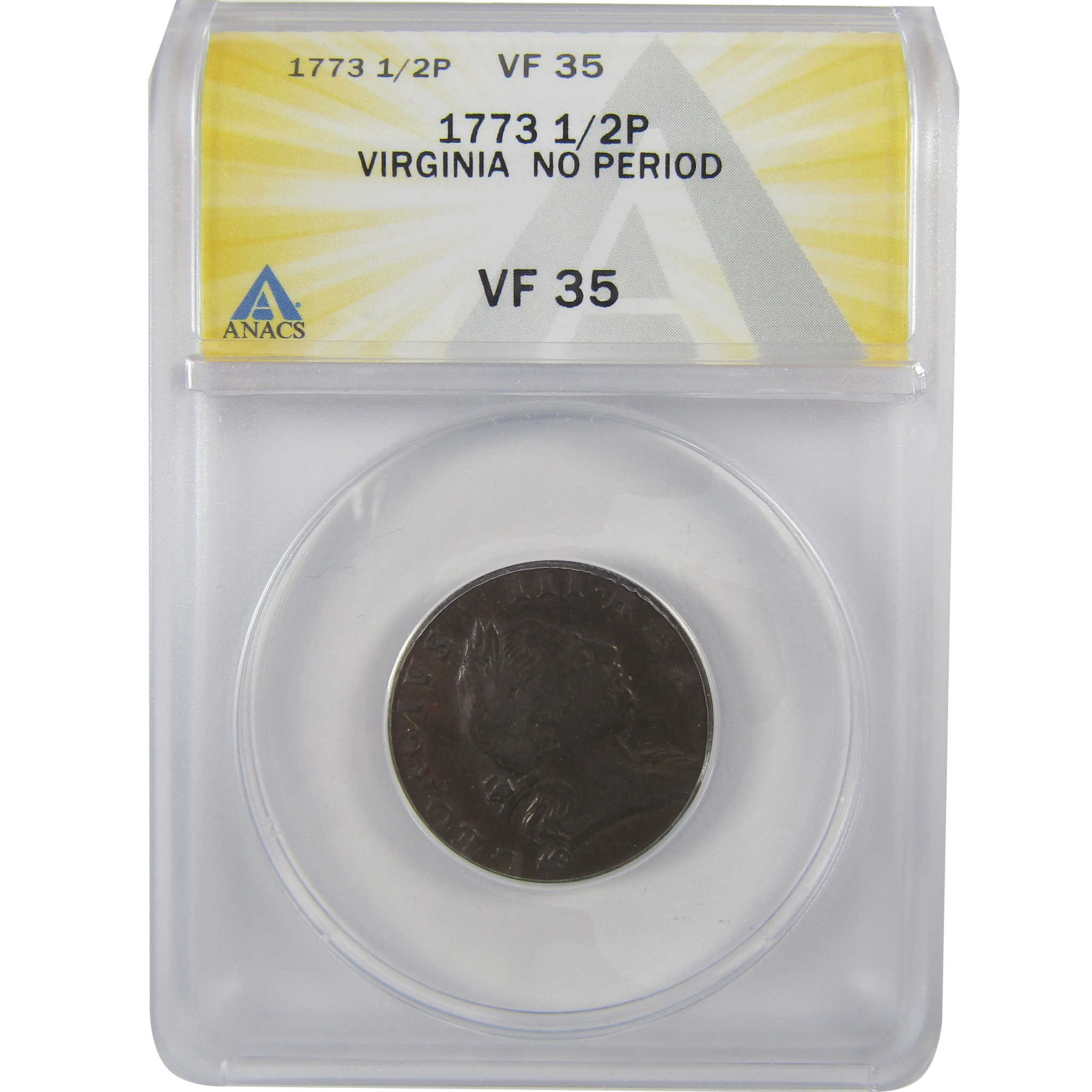 1773 No Period Virginia Half Penny VF 35 ANACS Colonial SKU:I25641