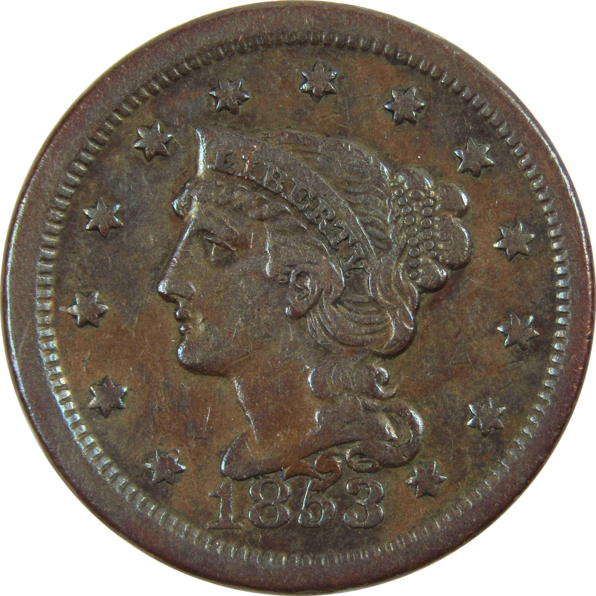 1853 Braided Hair Large Cent VF Very Fine Copper Penny SKU:I8160