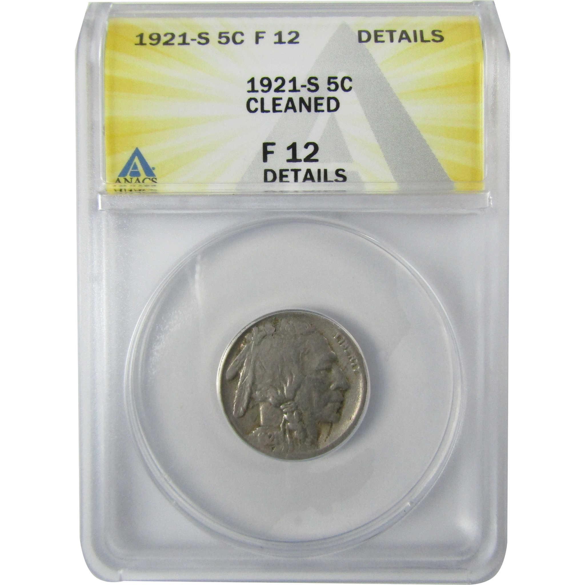 1921 S Indian Head Buffalo Nickel F 12 Details ANACS 5c Coin SKU:CP762