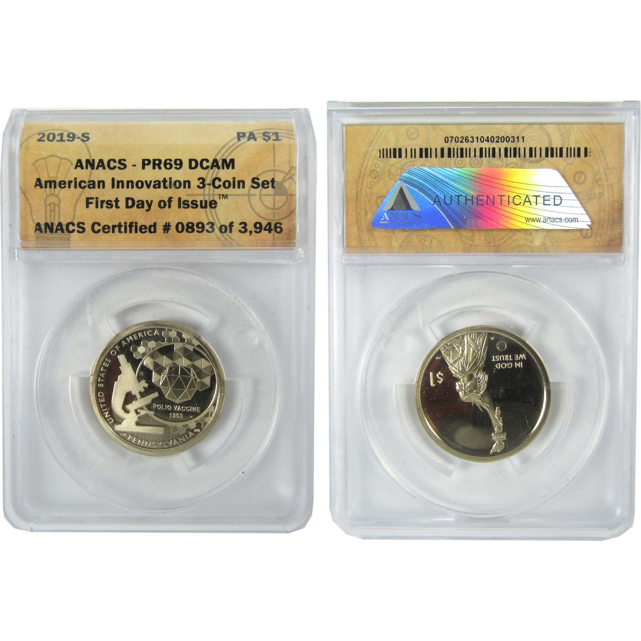 2019 PDS Polio Vaccine Innovation Dollar 3 Coin Set ANACS SKU:CPC9367