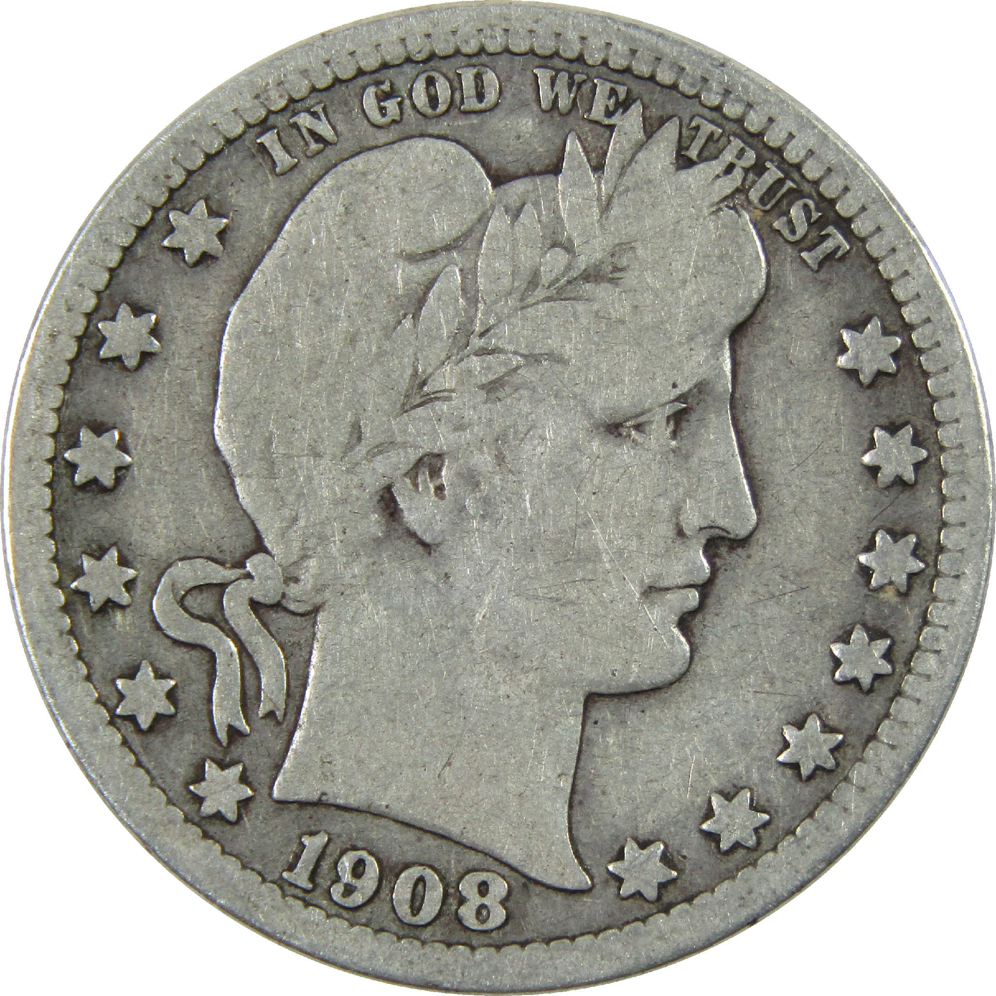 1908 Barber Quarter VG Very Good Silver 25c Coin SKU:I11857