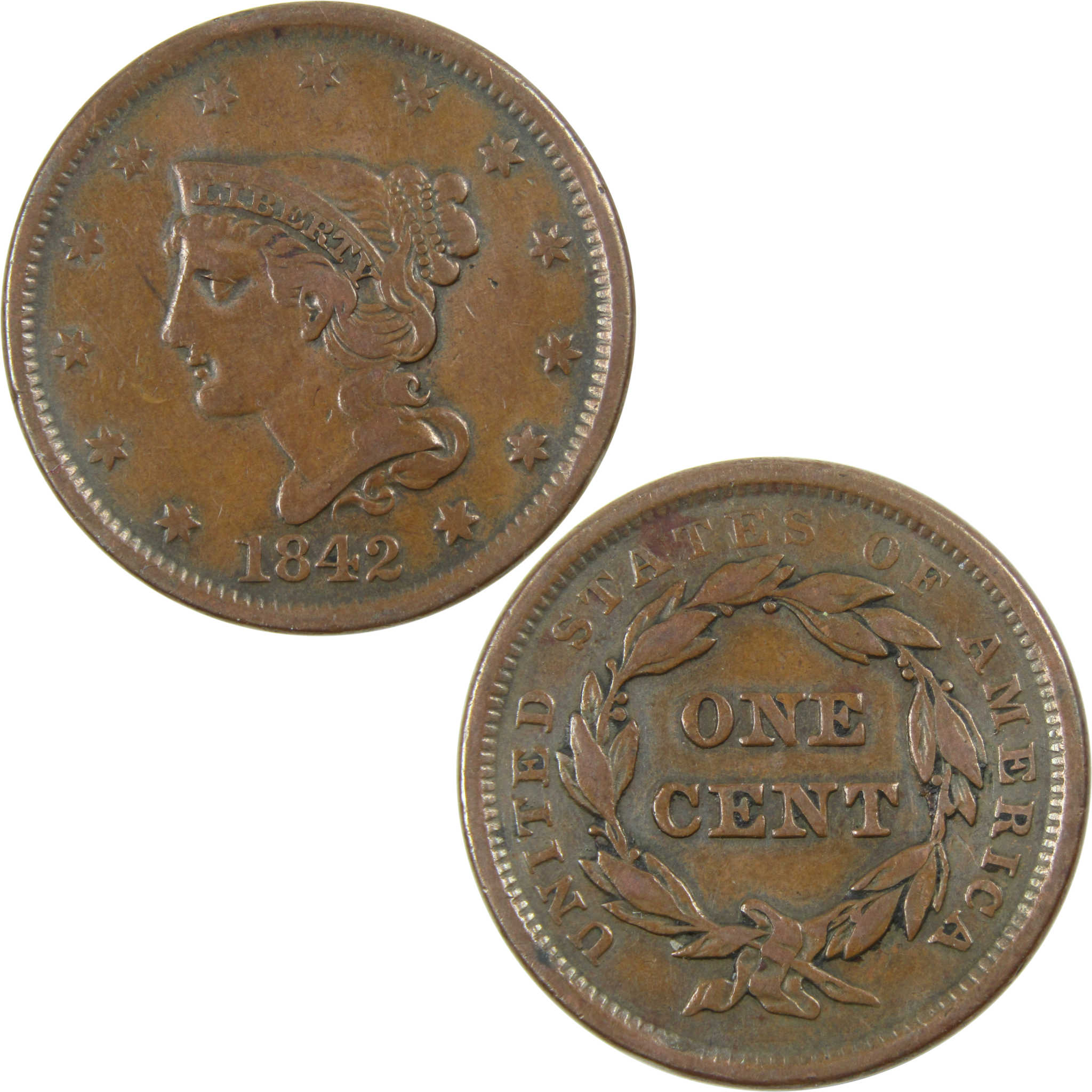 1842 Large Date Braided Hair Large Cent AU About Unc SKU:I12821