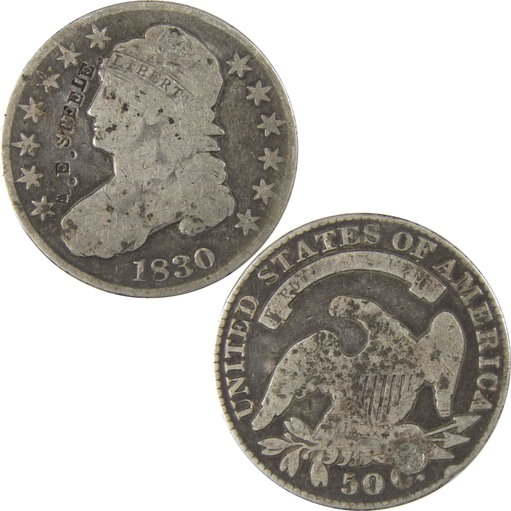 1830 Sm O Capped Bust 50C VG Silv Counterstamp A.E.STEELE. SKU:I22757