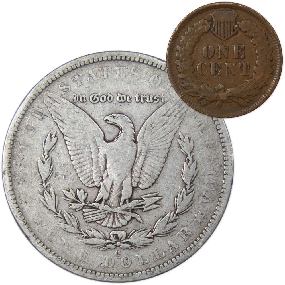 1879 O Morgan Silver Dollar F Fine with 1902 Indian Head Cent Good - Morgan coin - Morgan silver dollar - Morgan silver dollar for sale - Profile Coins &amp; Collectibles