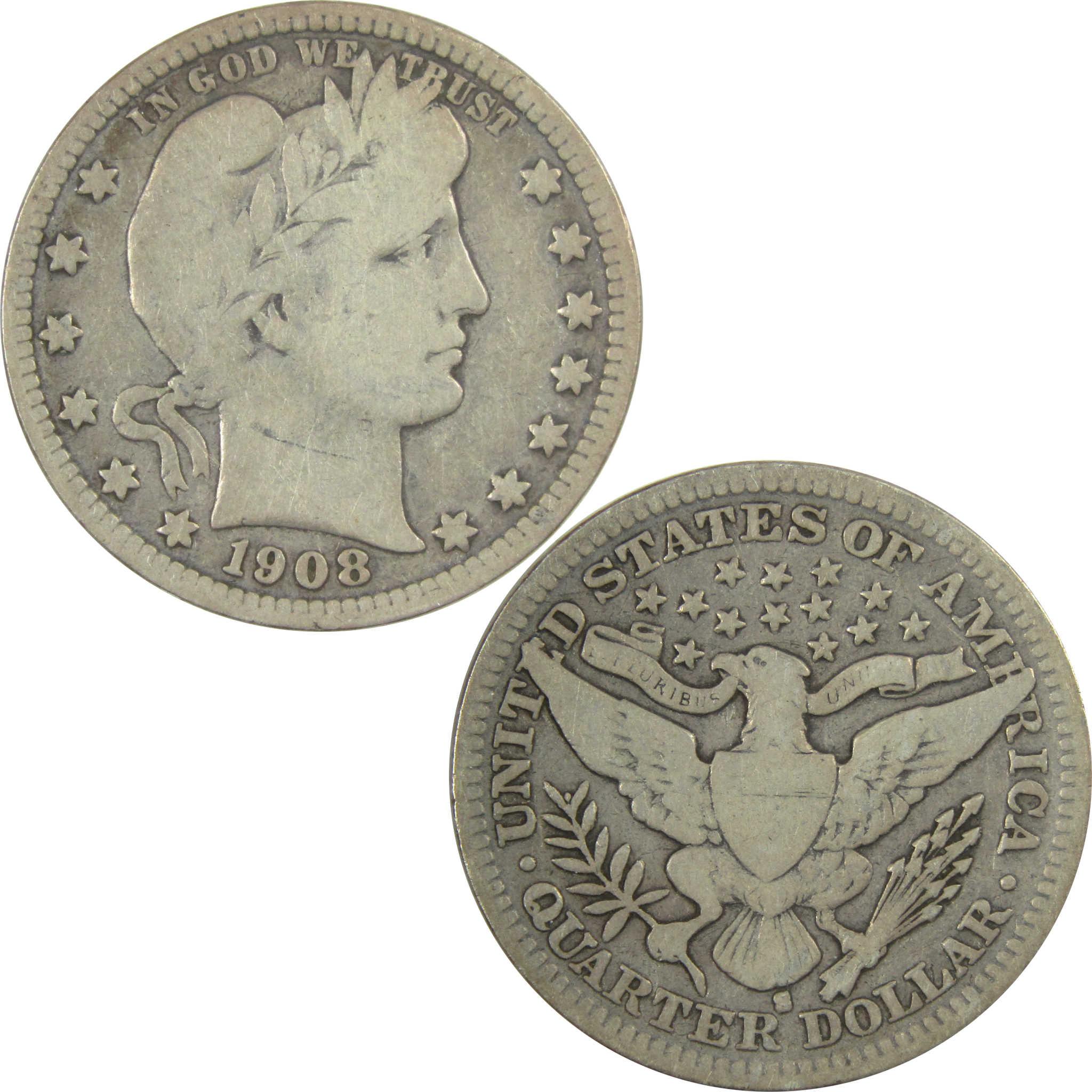 1908 S Barber Silver Quarter VG Very Good 25c Coin SKU:I24974