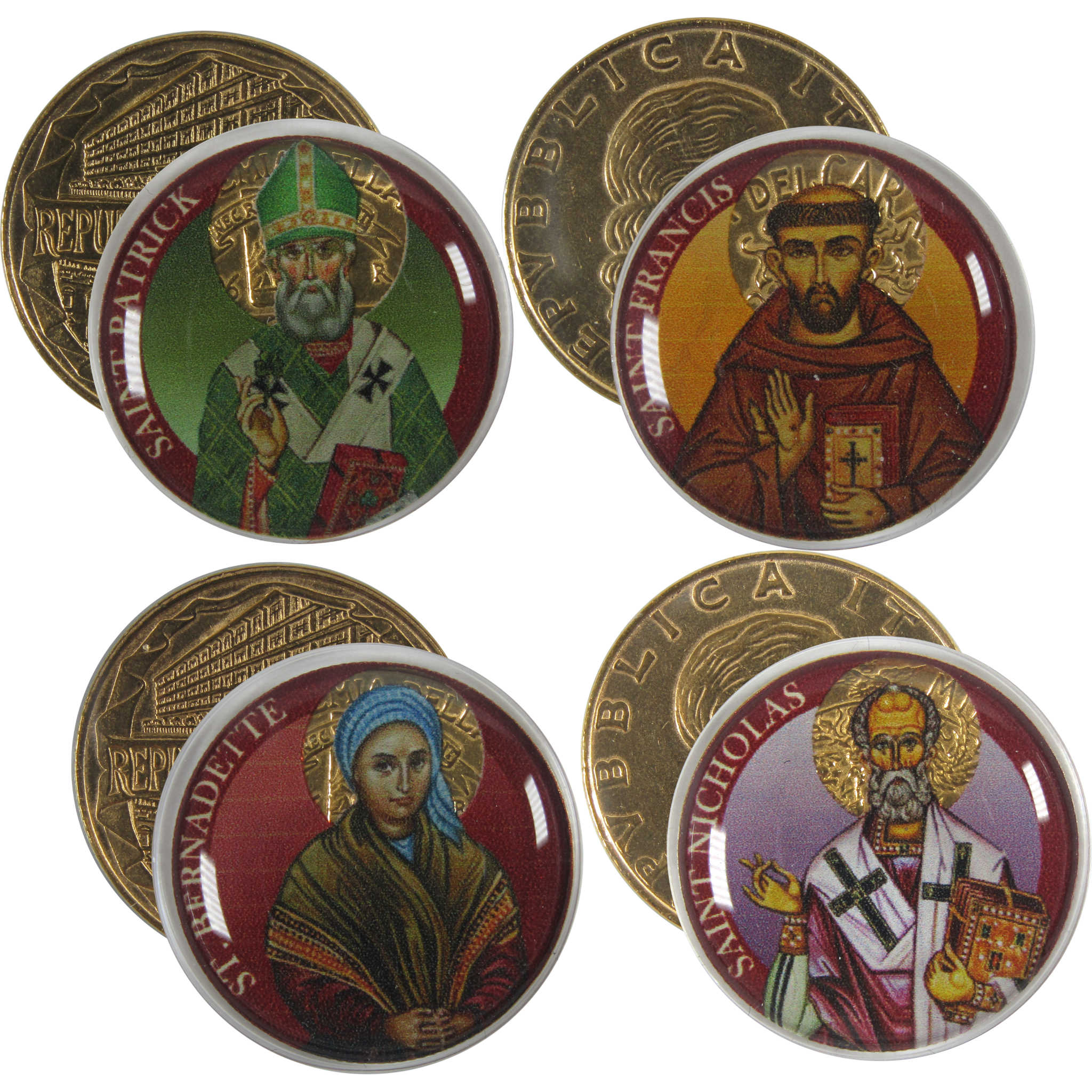 Catholic Saints Gold-Plated & Colorized Italy 200 Lire 7-Coin Set