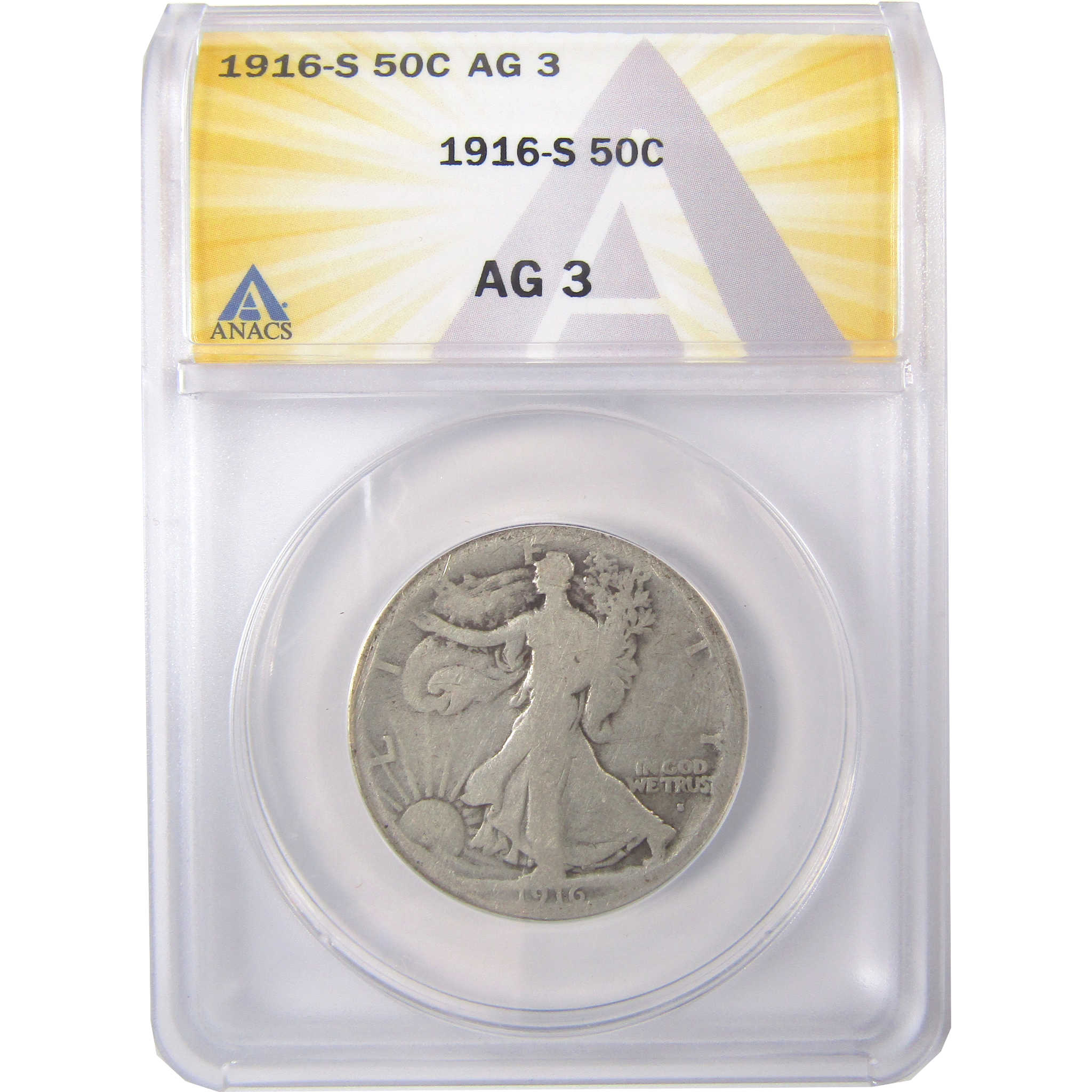 1916 S Liberty Walking Half Dollar AG 3 ANACS Silver 50c SKU:I17440