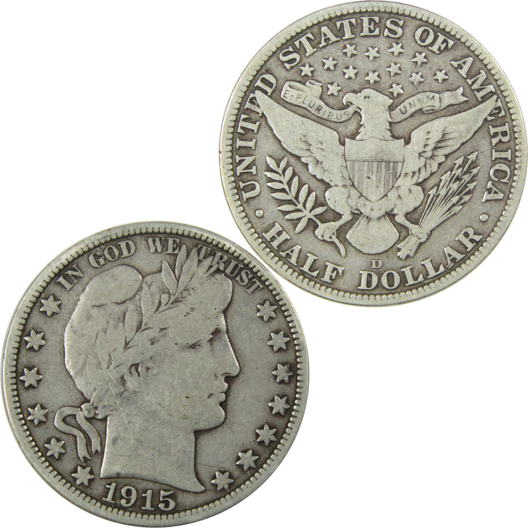 1915 D Barber Silver Half Dollar F Fine 50c Coin SKU:I25093