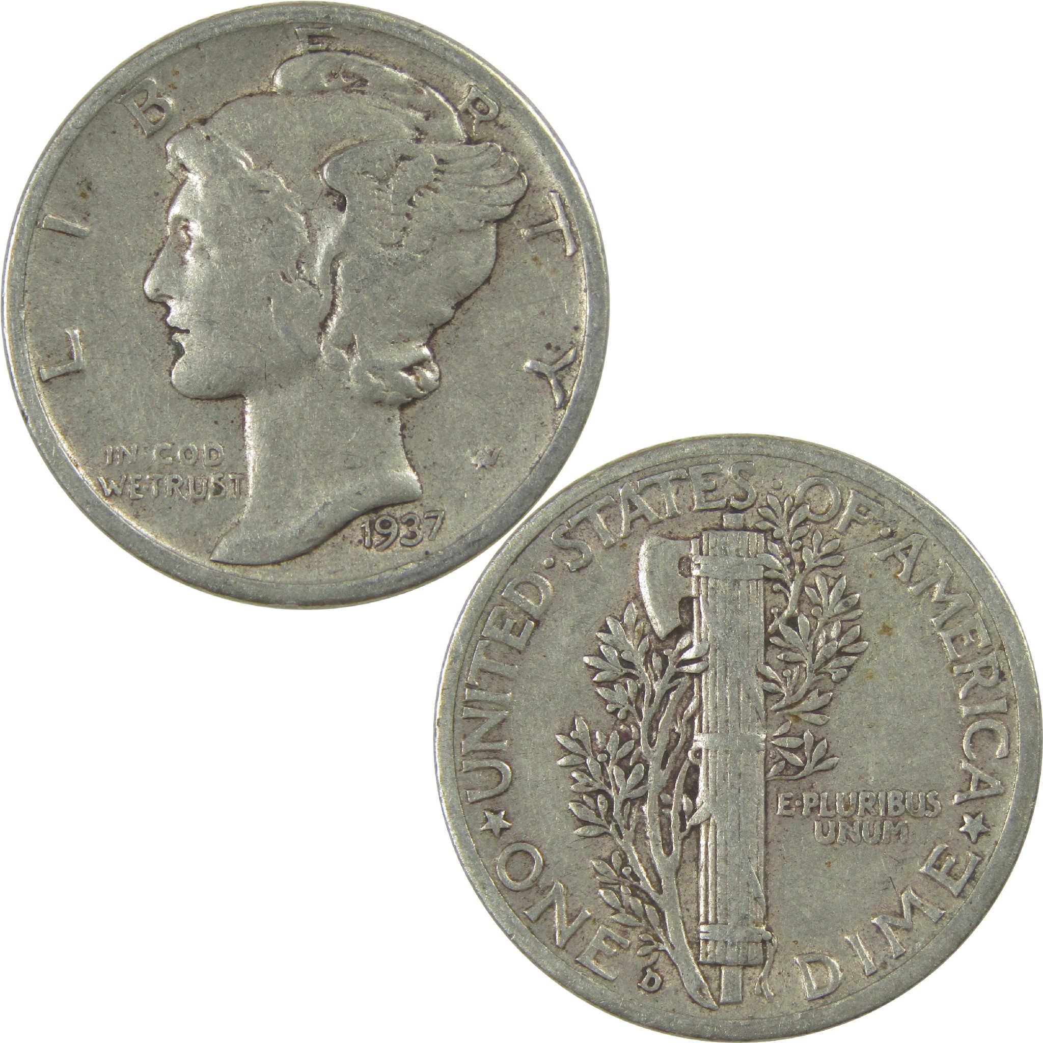 1937 D Mercury Dime VF Very Fine Silver 10c Coin
