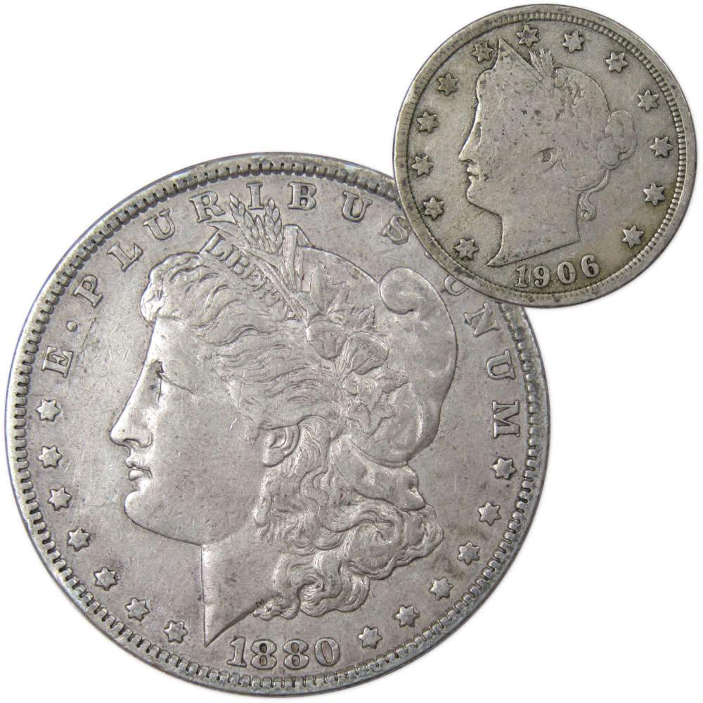 1880 Morgan Silver Dollar VF Very Fine with 1906 Liberty Nickel Good - Morgan coin - Morgan silver dollar - Morgan silver dollar for sale - Profile Coins &amp; Collectibles